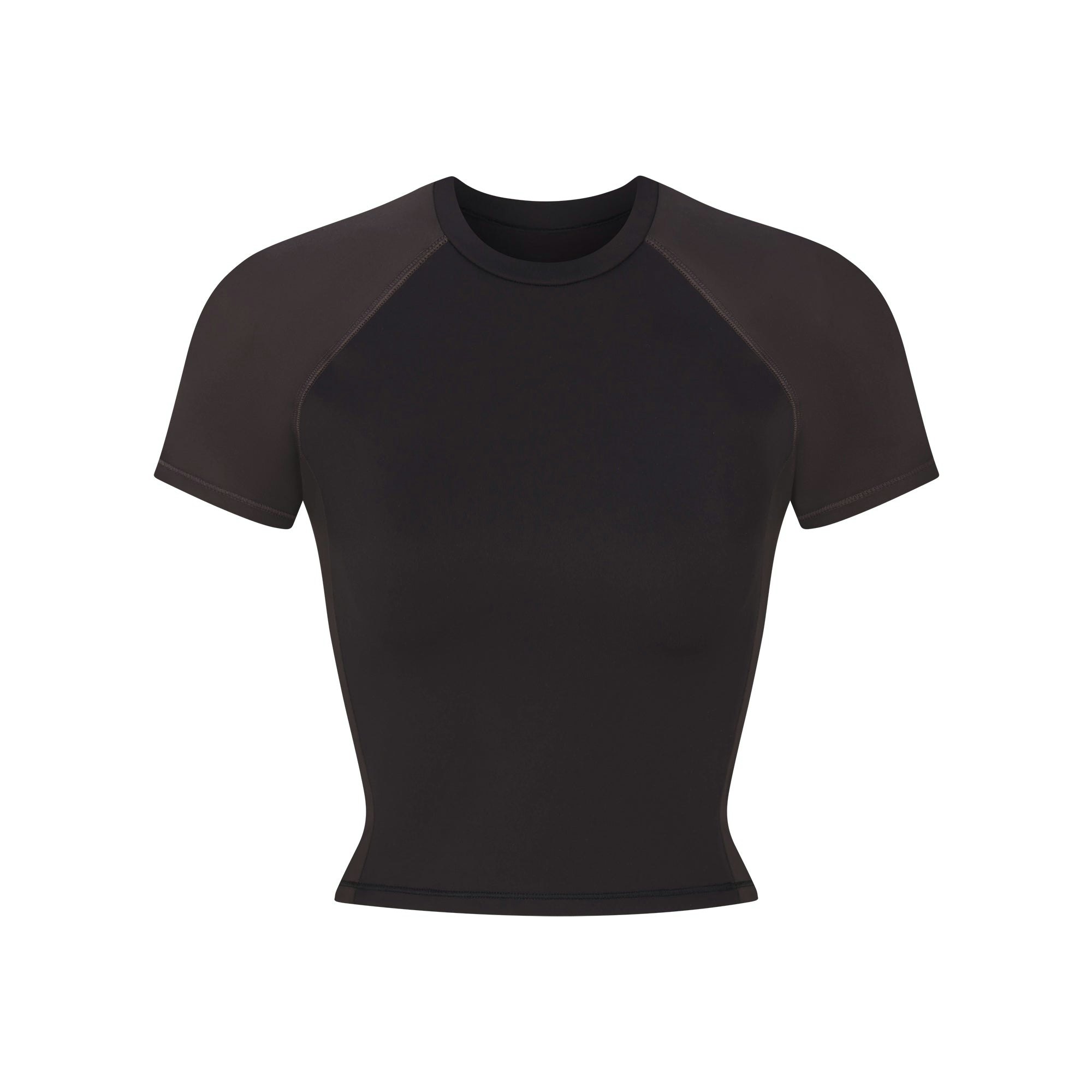 NikeSKIMS MATTE AND SHINE CREWNECK CROP SHORT SLEEVE | OBSIDIAN/IGNEOUS FLAT ON A WHITE BACKGROUND | FLT