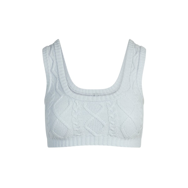 SWEATER KNITS CABLE SCOOP BRALETTE | ZEN BLUE FLAT ON A WHITE BACKGROUND | FLT