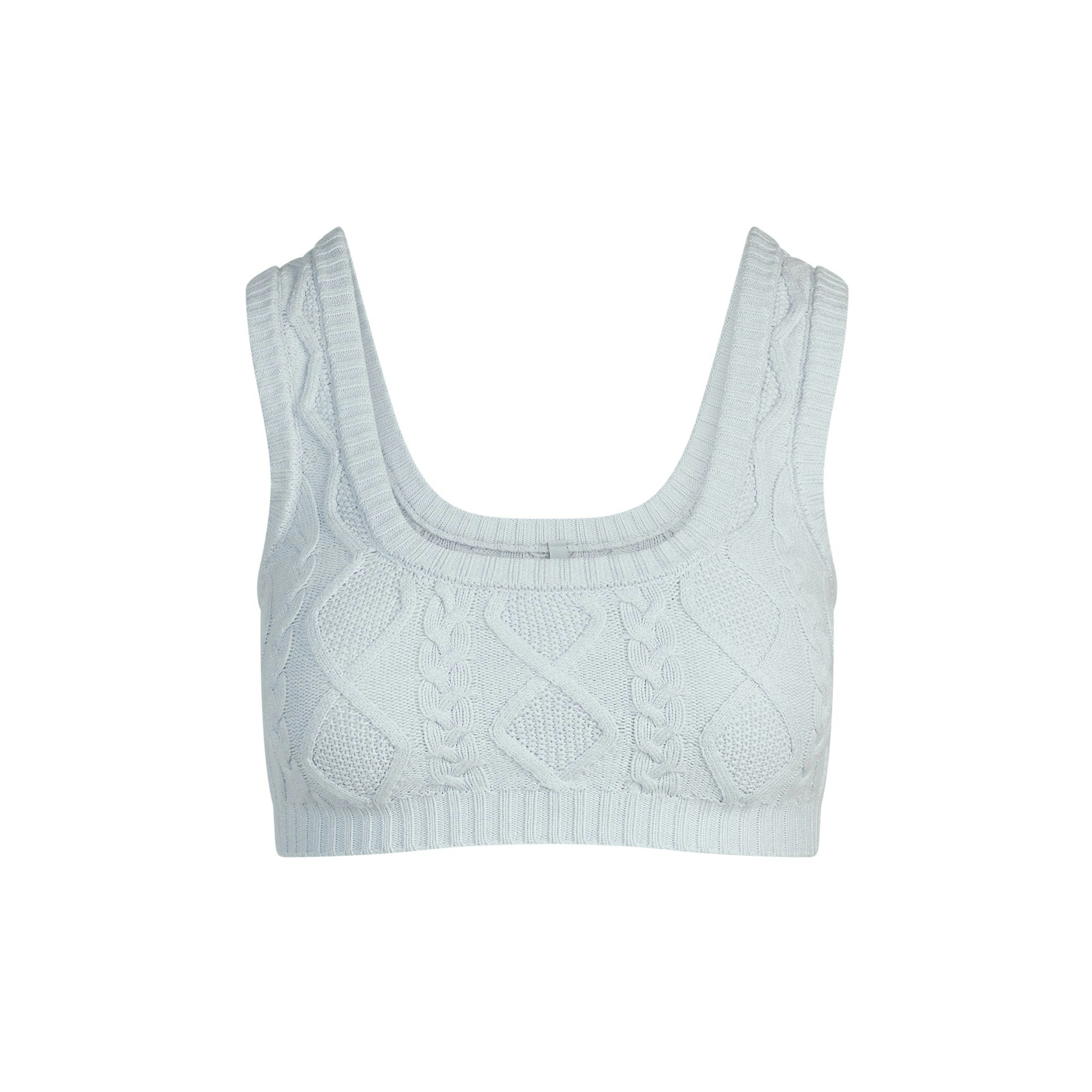 SWEATER KNITS CABLE SCOOP BRALETTE | ZEN BLUE FLAT ON A WHITE BACKGROUND | FLT