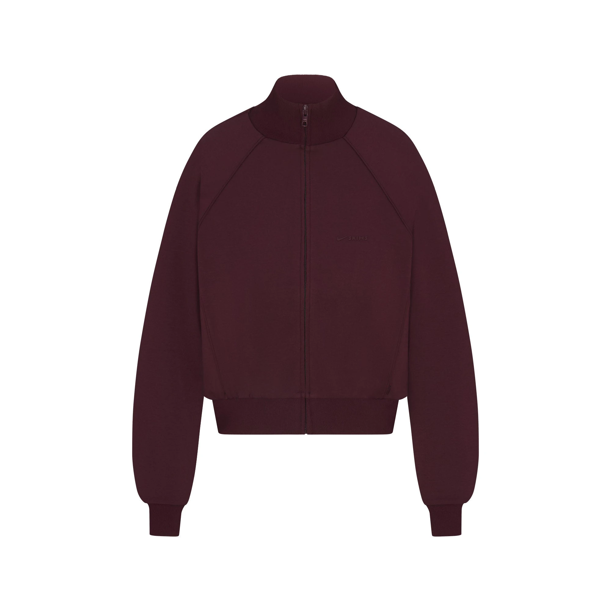 NikeSKIMS MATTE TRICOT TRACK JACKET | CURRANT FLAT ON A WHITE BACKGROUND | FLT