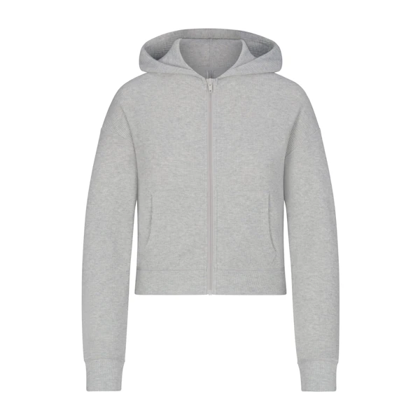 WAFFLE ZIP UP HOODIE | LIGHT HEATHER GREY (ZIP UPS, TOPS) LAYS FLAT ON A WHITE BACKGROUND