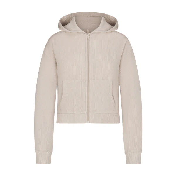WAFFLE ZIP UP HOODIE | STONE (ZIP UPS, TOPS) LAYS FLAT ON A WHITE BACKGROUND
