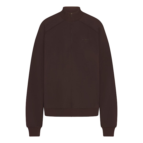 NikeSKIMS MATTE TRICOT OVERSIZED TRACK JACKET | DARK ROAST FLAT ON A WHITE BACKGROUND | FLT