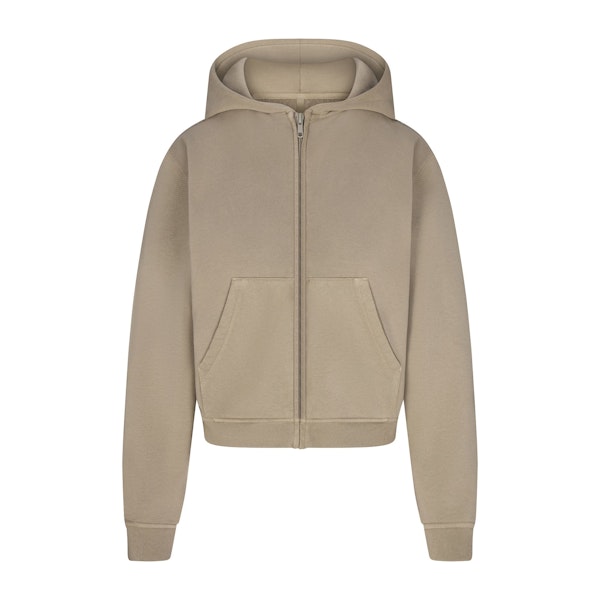 FRENCH TERRY SHRUNKEN ZIP UP HOODIE | TAUPE FLAT ON A WHITE BACKGROUND | FLT
