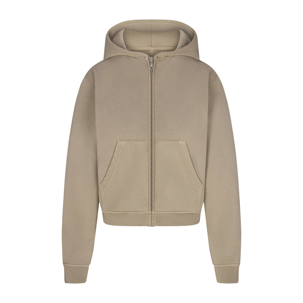 COTTON FLEECE WAFFLE LINED SHRUNKEN ZIP UP HOODIE | ECRU