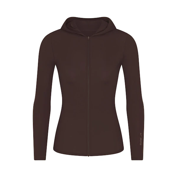NikeSKIMS WEIGHTLESS LAYERS ZIP UP HOODIE | DARK ROAST FLAT ON A WHITE BACKGROUND | FLT