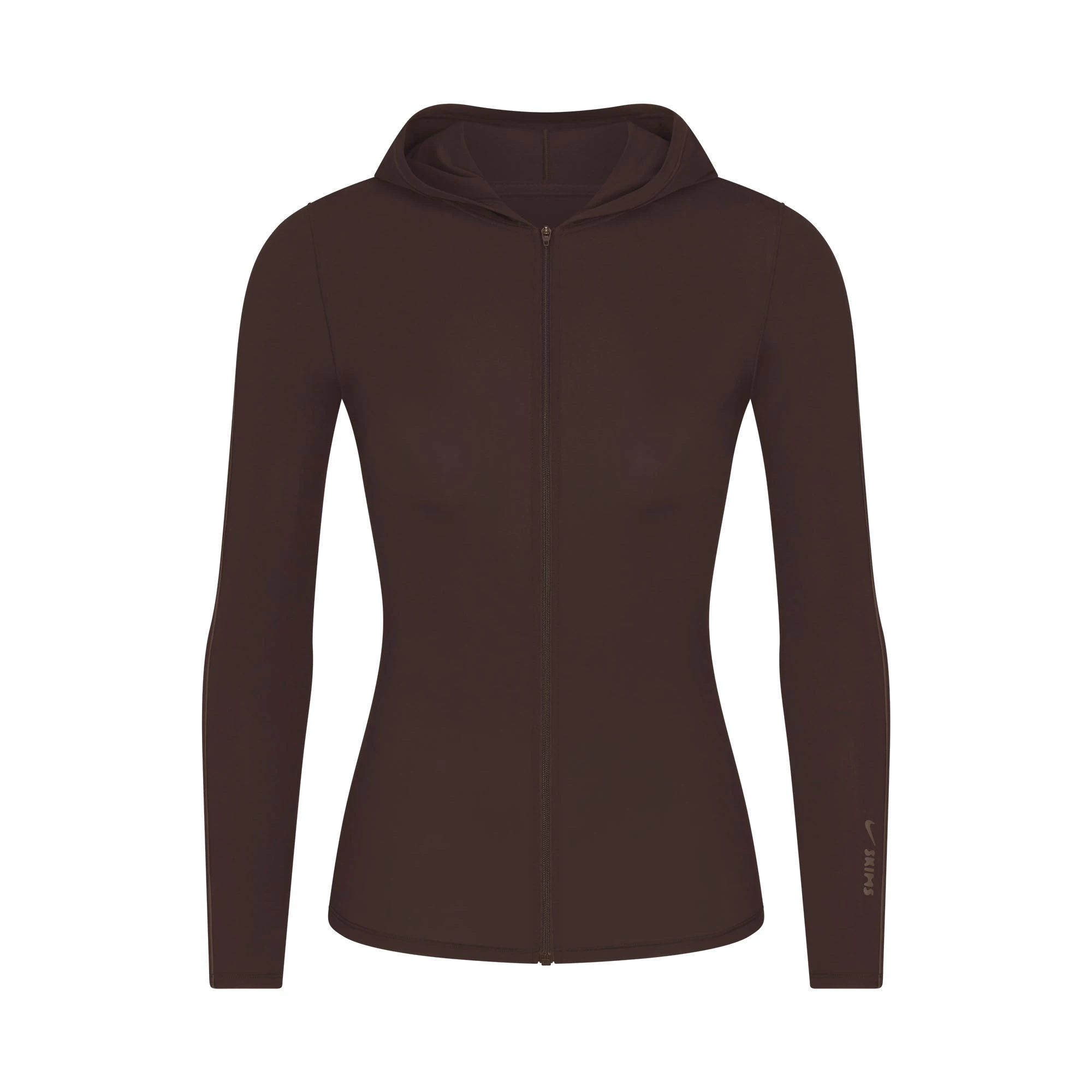 NikeSKIMS WEIGHTLESS LAYERS ZIP UP HOODIE | DARK ROAST FLAT ON A WHITE BACKGROUND | FLT