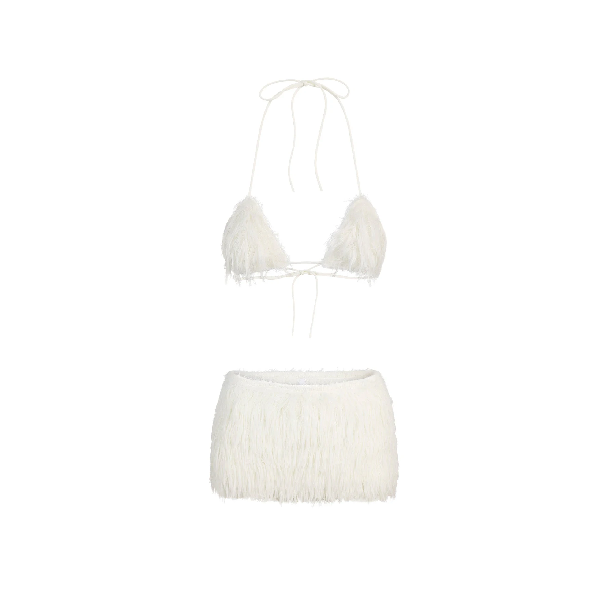 FAUX FUR KNIT TRIANGLE BRALETTE AND MINI SKIRT SET | MARBLE FLAT ON A WHITE BACKGROUND | FLT
