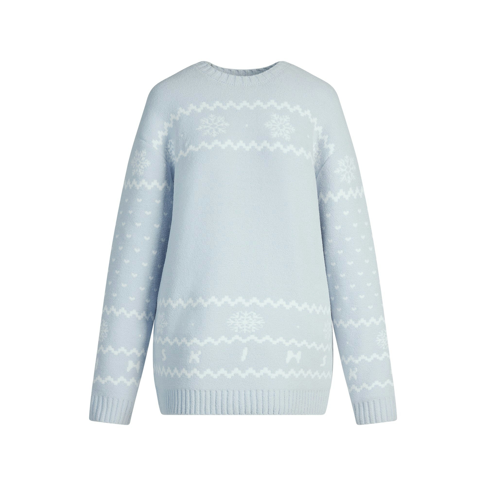 COZY LIGHT CREWNECK PULLOVER | ZEN BLUE HEART FAIR ISLE FLAT ON A WHITE BACKGROUND | FLT