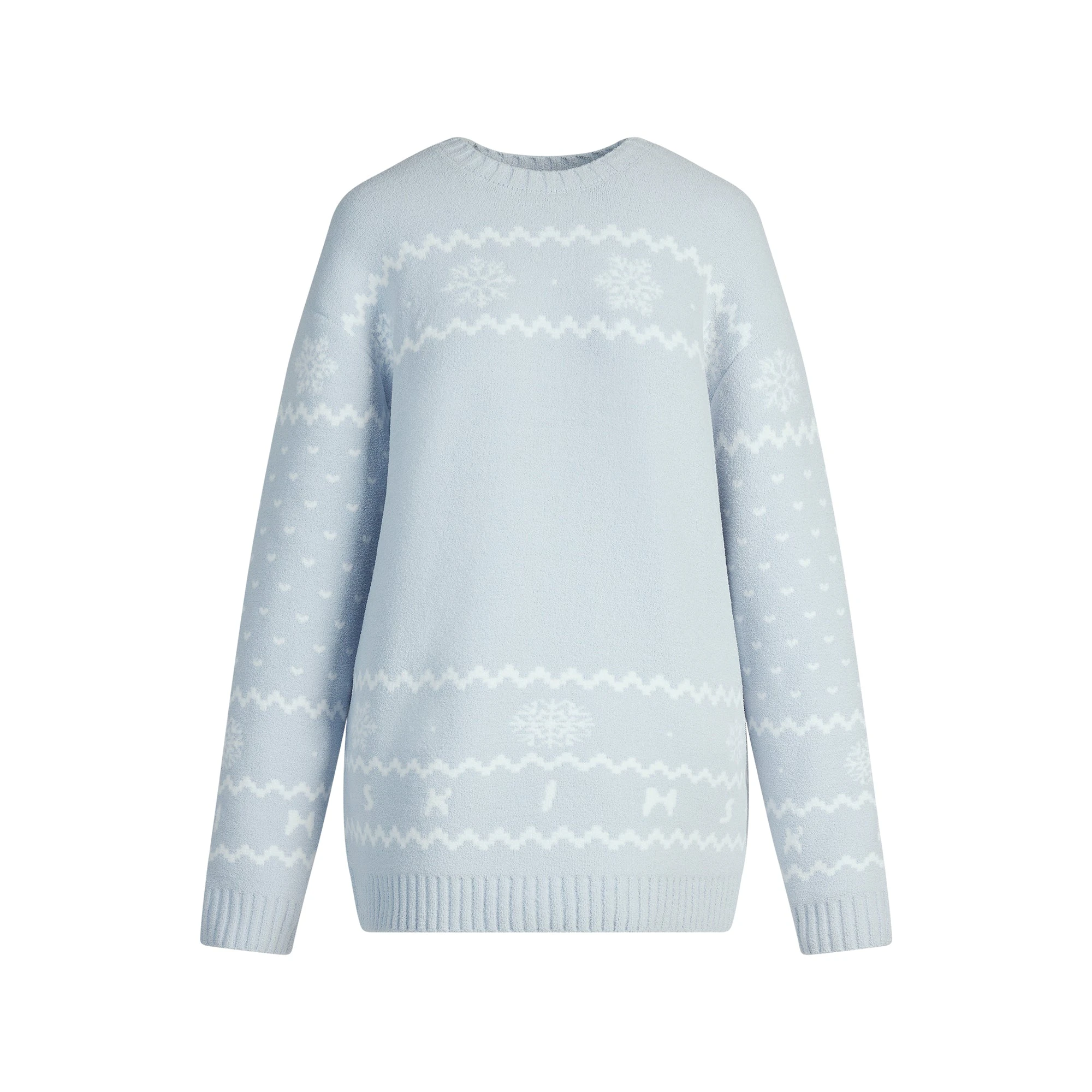 COZY LIGHT CREWNECK PULLOVER | ZEN BLUE HEART FAIR ISLE FLAT ON A WHITE BACKGROUND | FLT