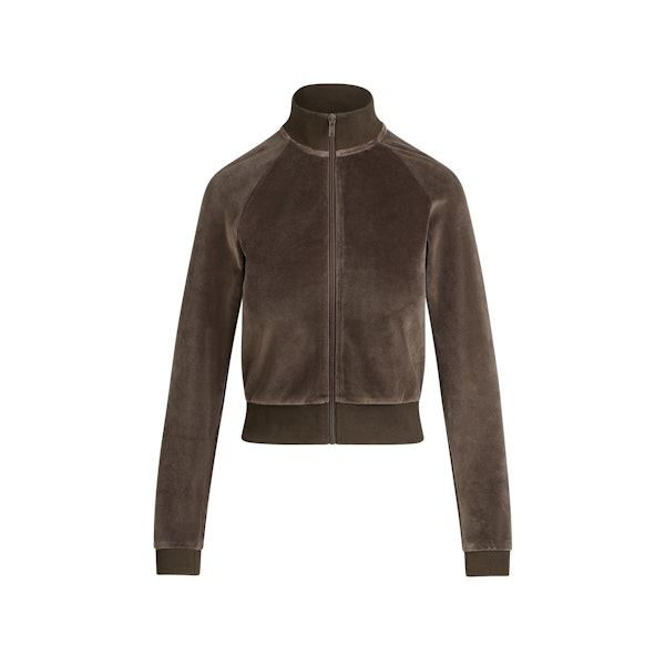 VELOUR SHRUNKEN TRACK JACKET | DARK SEPIA FLAT ON A WHITE BACKGROUND | FLT