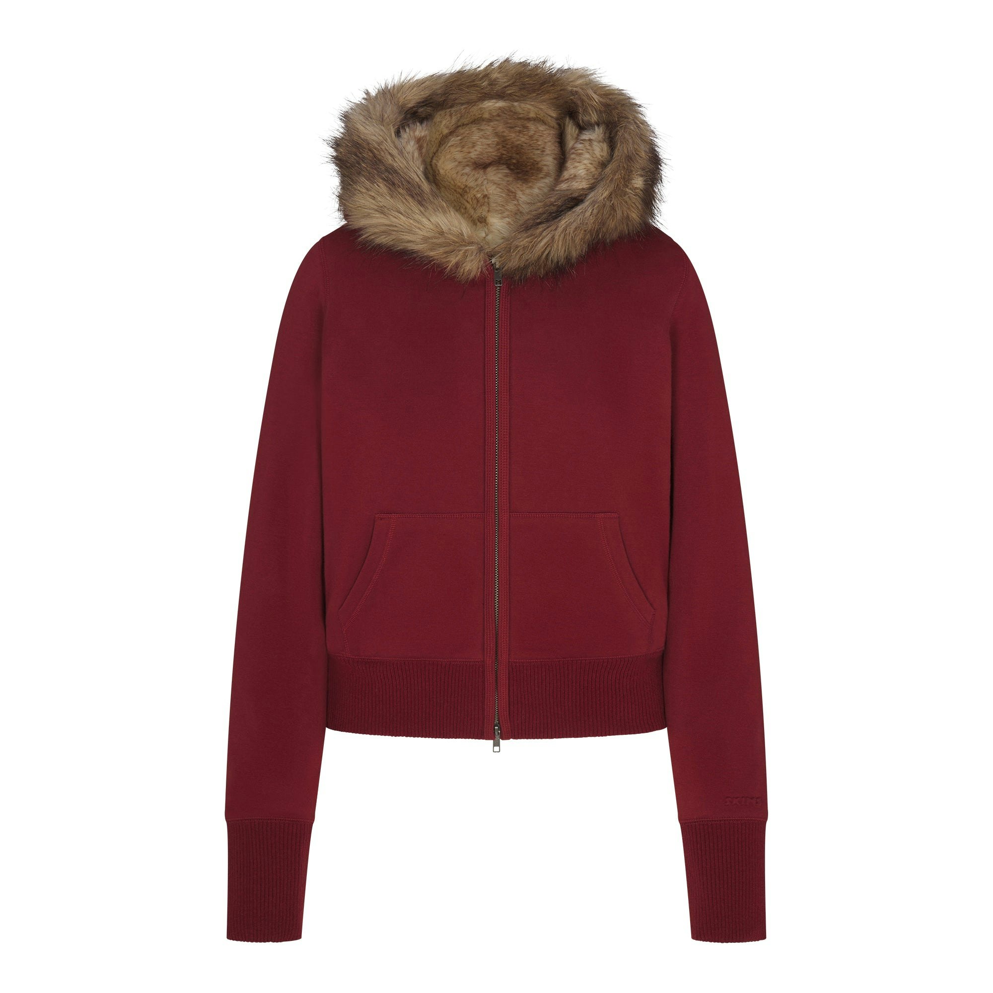 COTTON FLEECE FAUX FUR LINED ZIP UP HOODIE | MERLOT FLAT ON A WHITE BACKGROUND | FLT