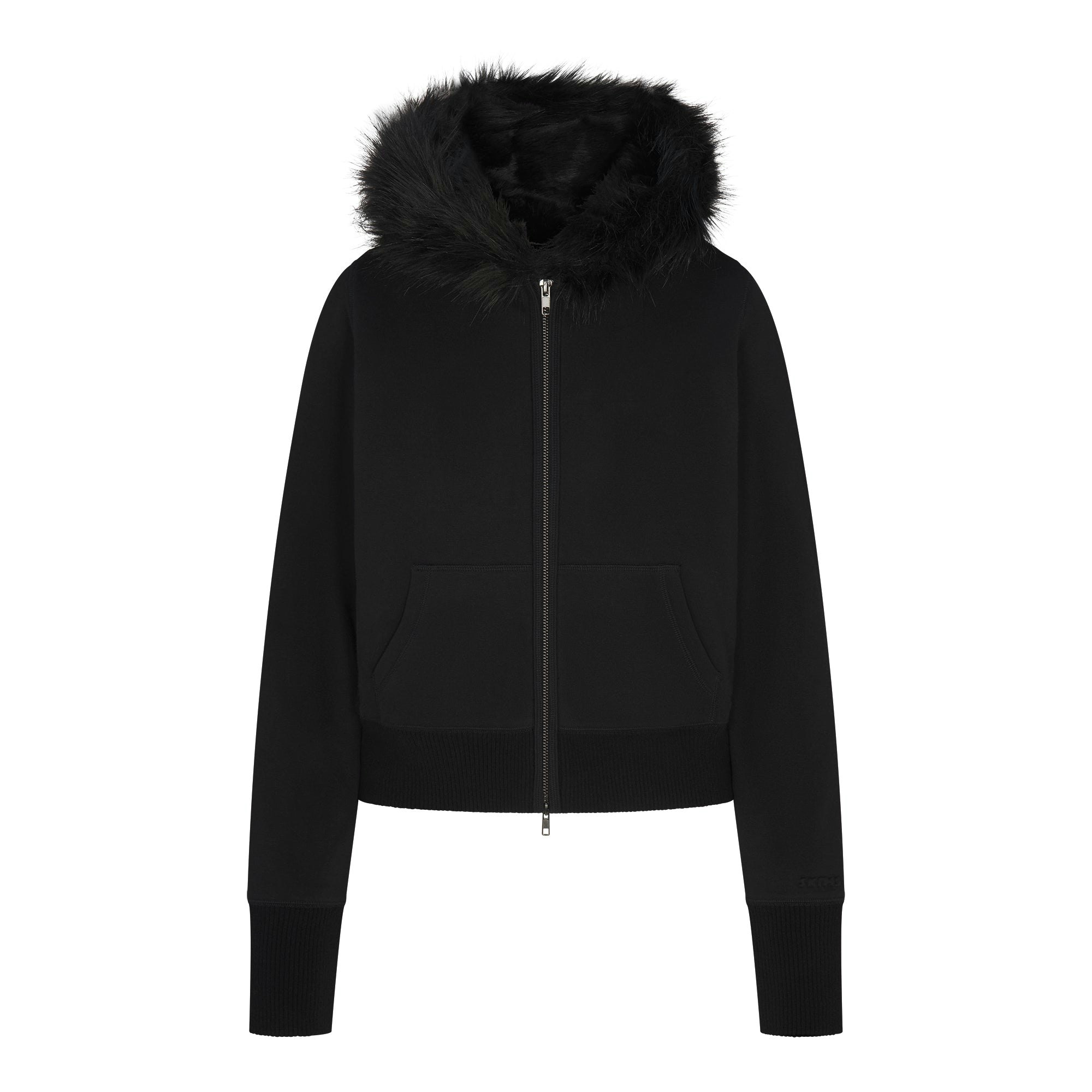 COTTON FLEECE FAUX FUR LINED ZIP UP HOODIE | ONYX FLAT ON A WHITE BACKGROUND | FLT