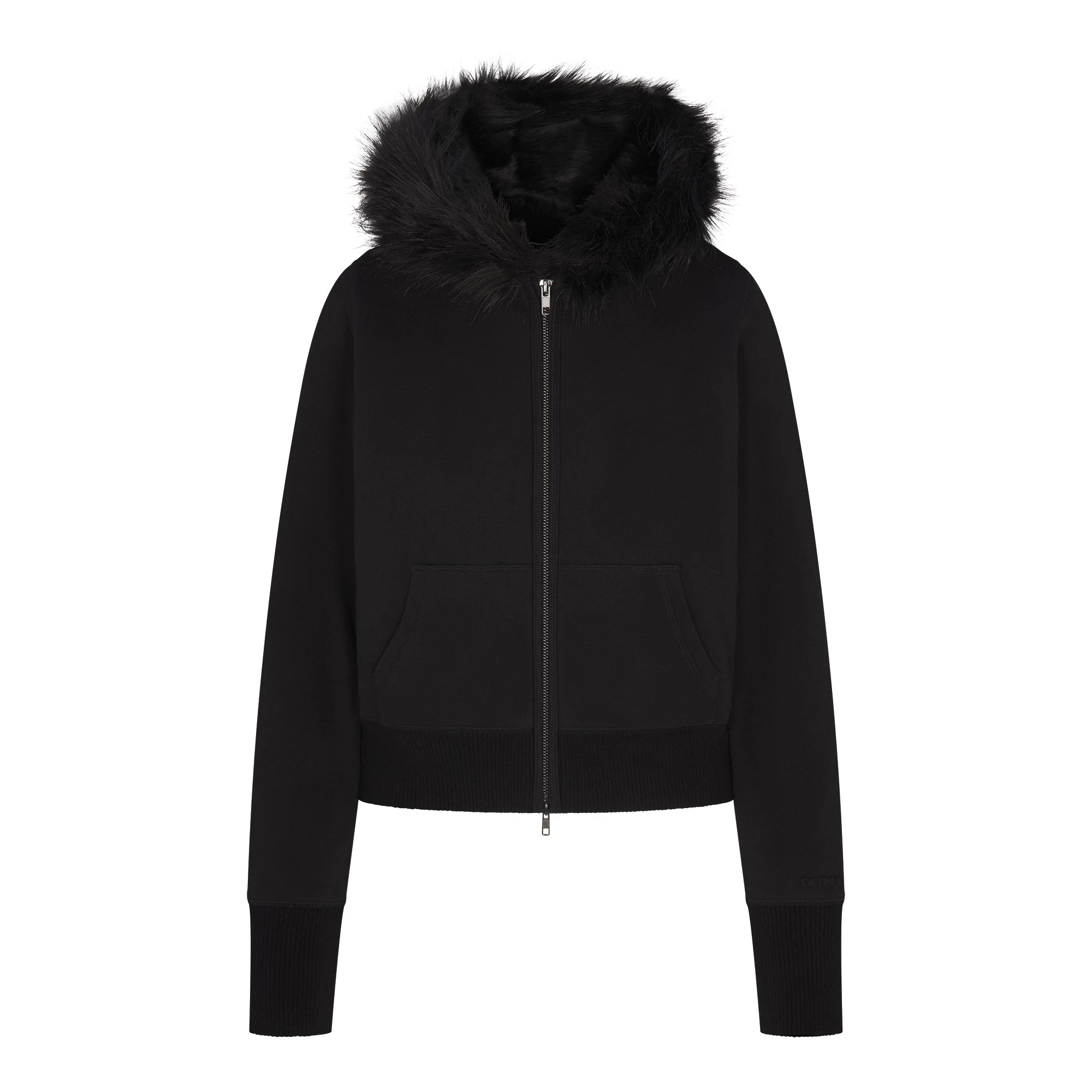 COTTON FLEECE FAUX FUR LINED ZIP UP HOODIE | ONYX FLAT ON A WHITE BACKGROUND | FLT