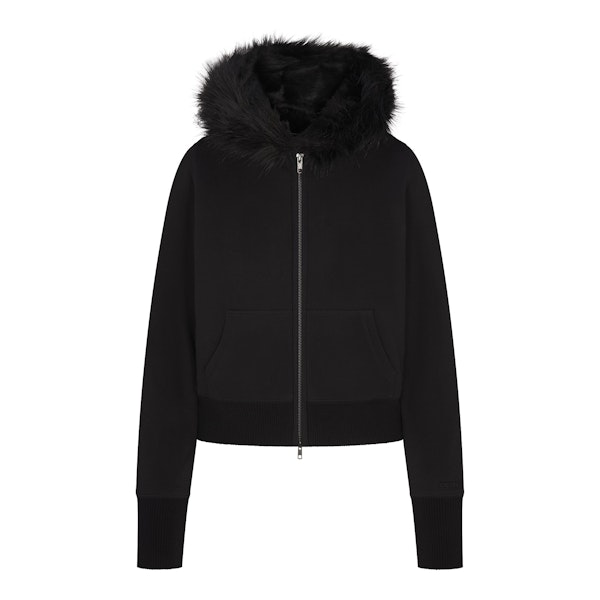 COTTON FLEECE FAUX FUR LINED ZIP UP HOODIE | ONYX FLAT ON A WHITE BACKGROUND | FLT