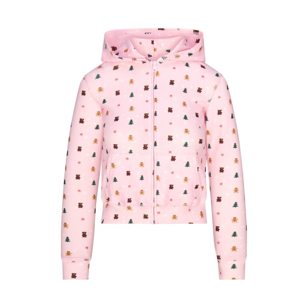 CACTUS PLANT FLEA MARKET X SKIMS PLUSH POINTELLE ZIP UP HOODIE | CHERRY BLOSSOM SNOW PRINT FLAT ON A WHITE BACKGROUND | FLT