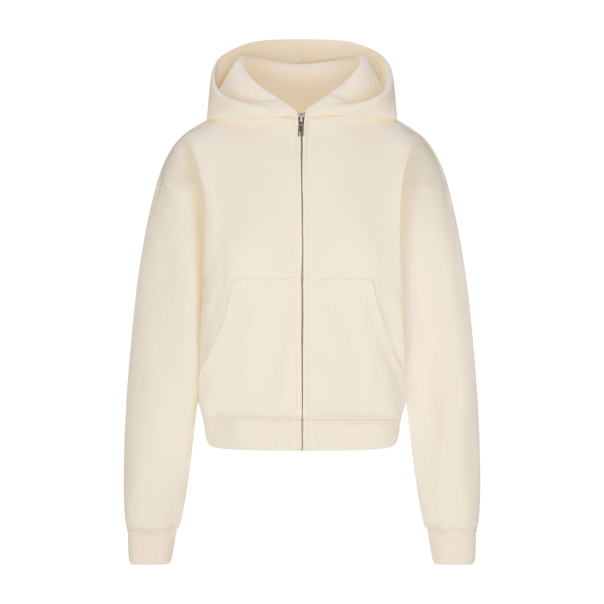 COTTON FLEECE WAFFLE LINED SHRUNKEN ZIP UP HOODIE ECRU