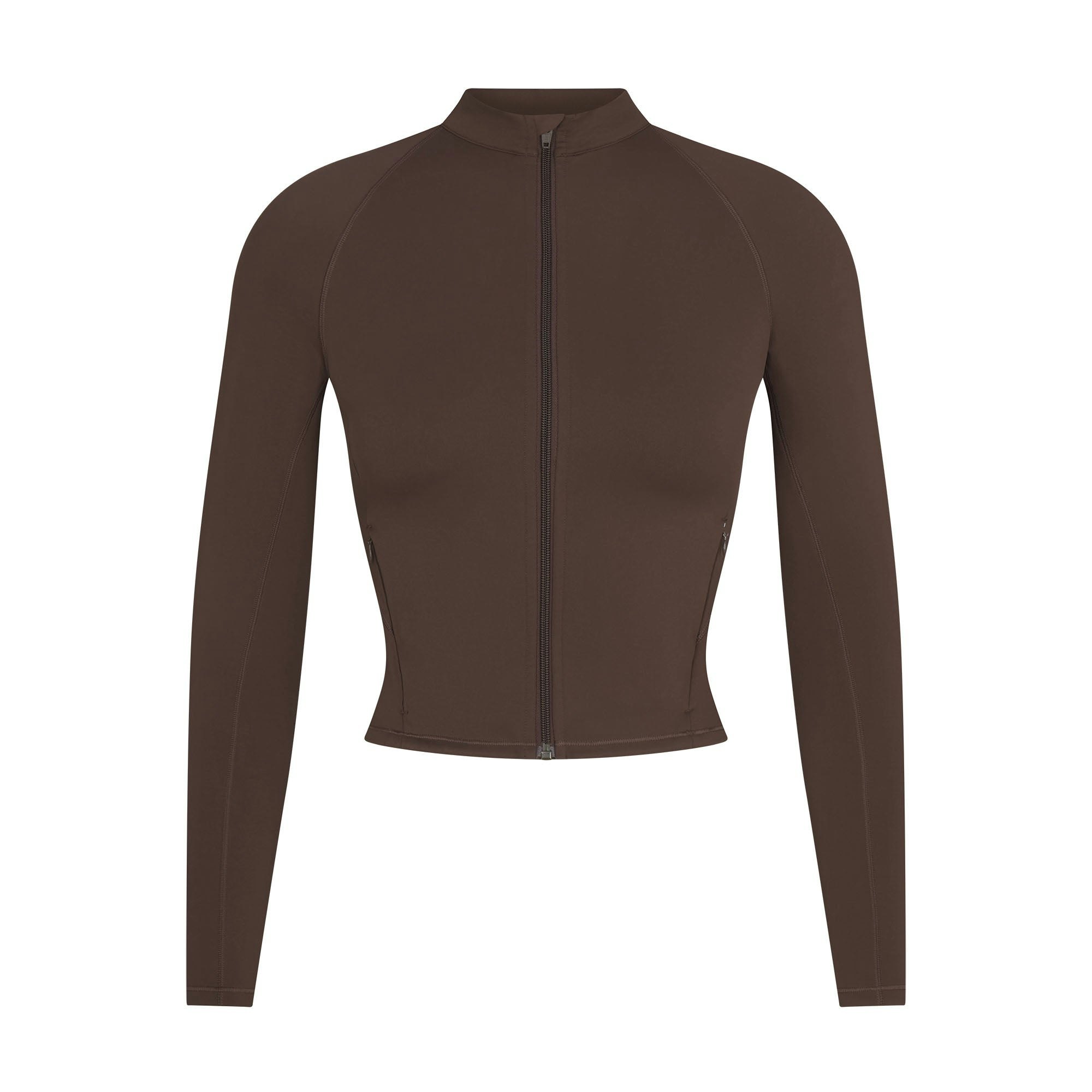 NikeSKIMS MATTE MOCK NECK FULL ZIP JACKET | DARK SEPIA FLAT ON A WHITE BACKGROUND | FLT