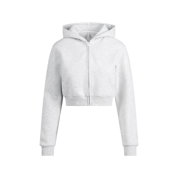 COTTON FLEECE CROPPED ZIP UP HOODIE | LIGHT HEATHER GREY FLAT ON A WHITE BACKGROUND | FLT
