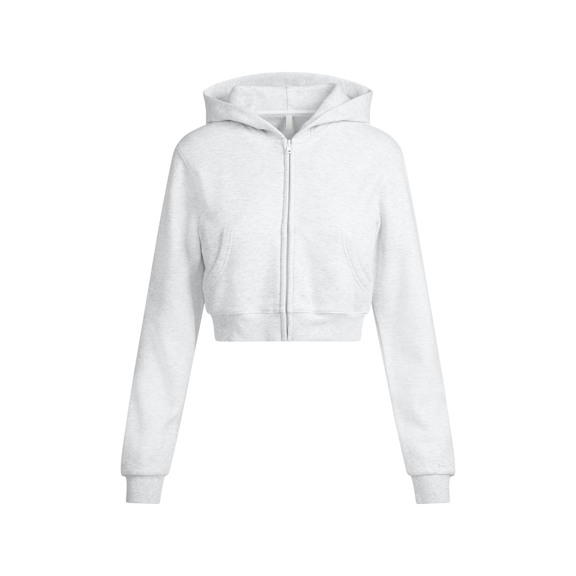 COTTON FLEECE CROPPED ZIP UP HOODIE | LIGHT HEATHER GREY FLAT ON A WHITE BACKGROUND | FLT