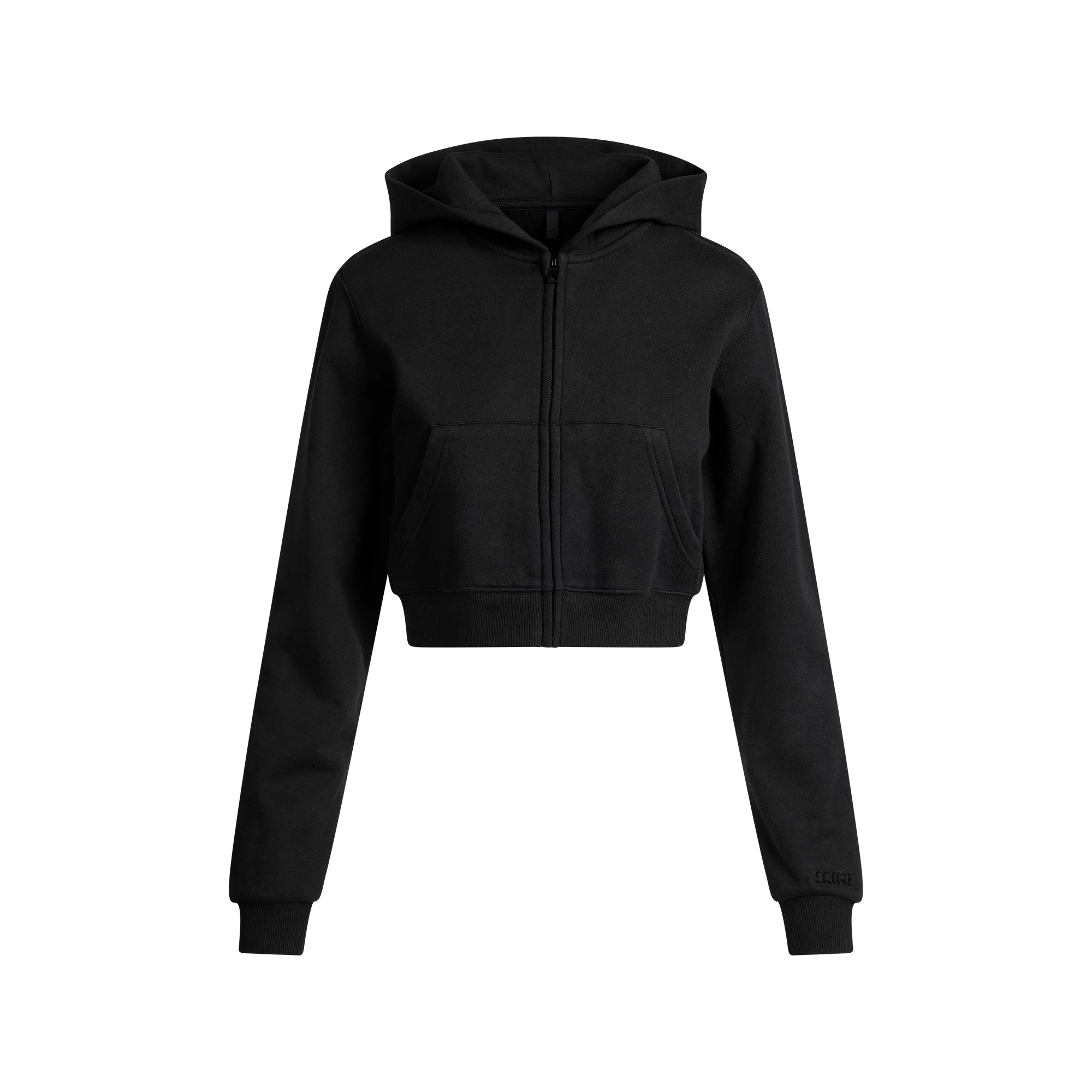 COTTON FLEECE CROPPED ZIP UP HOODIE | ONYX FLAT ON A WHITE BACKGROUND | FLT