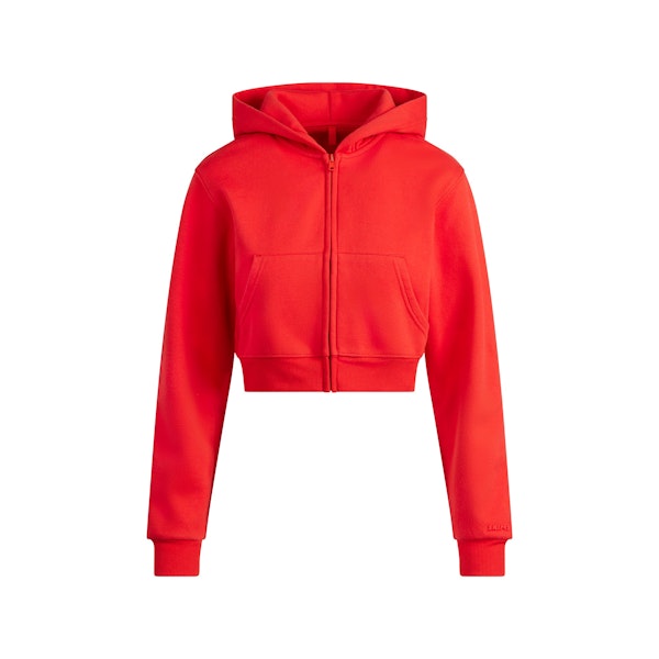 COTTON FLEECE CROPPED ZIP UP HOODIE | RUBY FLAT ON A WHITE BACKGROUND | FLT