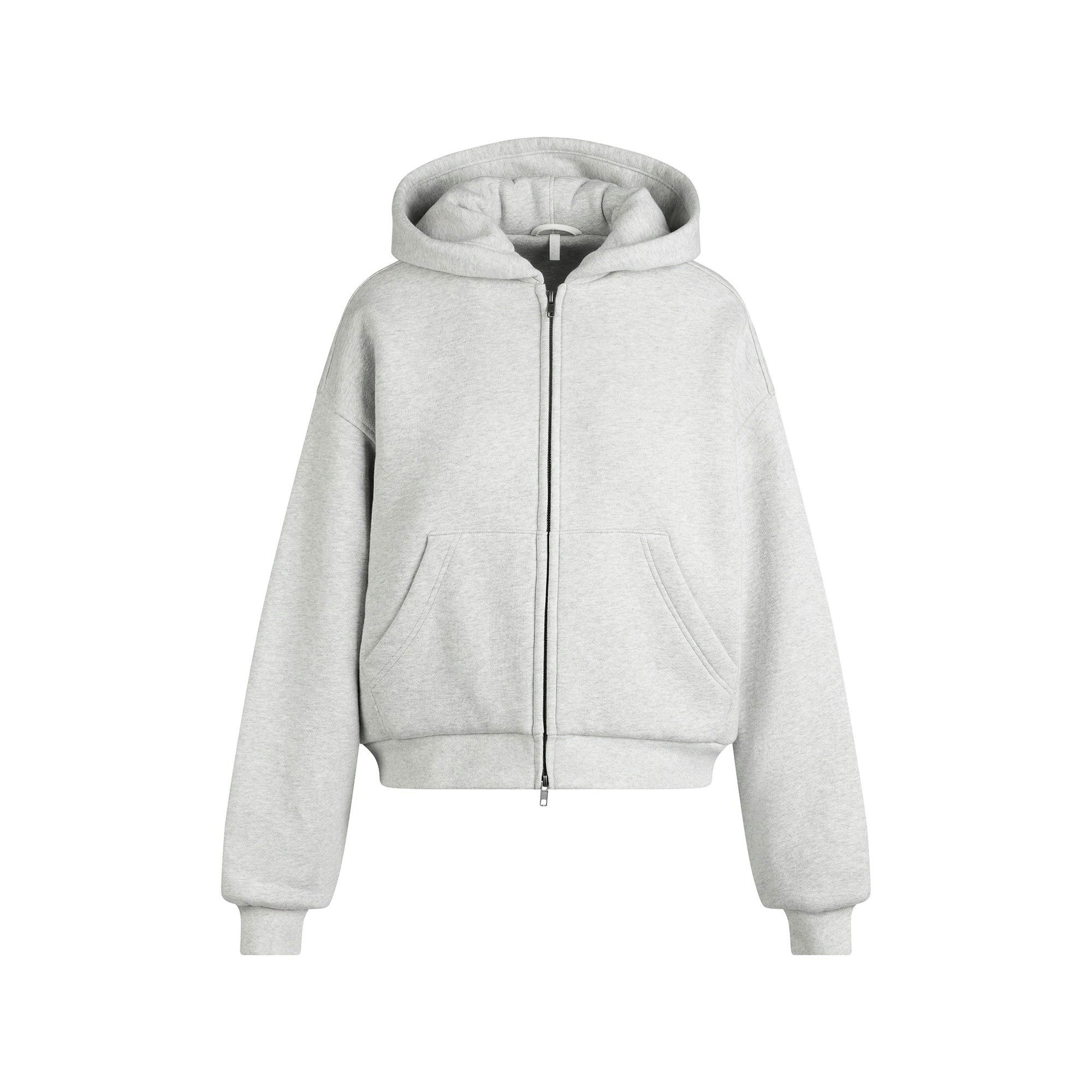 HEAVYWEIGHT FLEECE BOXY ZIP UP HOODIE | HEATHER GREY FLAT ON A WHITE BACKGROUND | FLT