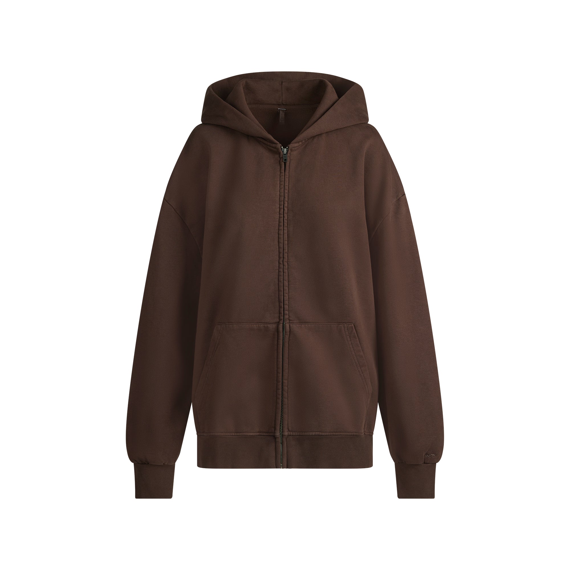 BOYFRIEND FLEECE BOXY ZIP UP HOODIE | ESPRESSO FLAT ON A WHITE BACKGROUND | FLT