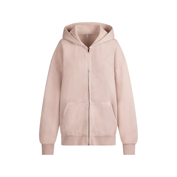 BOYFRIEND FLEECE BOXY ZIP UP HOODIE | LIGHT FAWN FLAT ON A WHITE BACKGROUND | FLT
