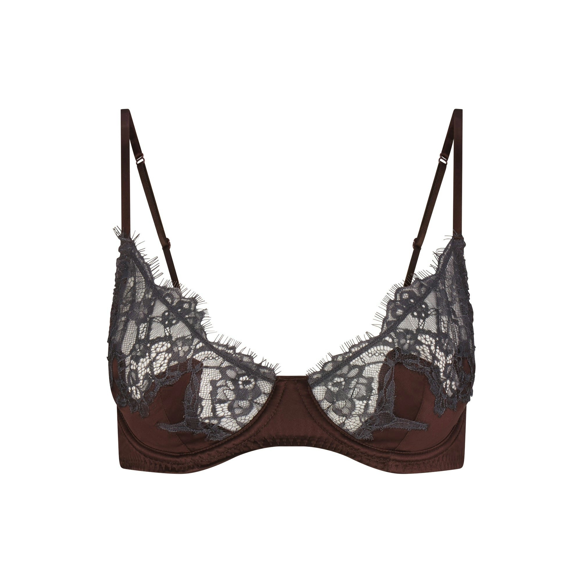 SILK LACE UNLINED DEMI BRA | ESPRESSO CONTRAST FLAT ON A WHITE BACKGROUND | FLT
