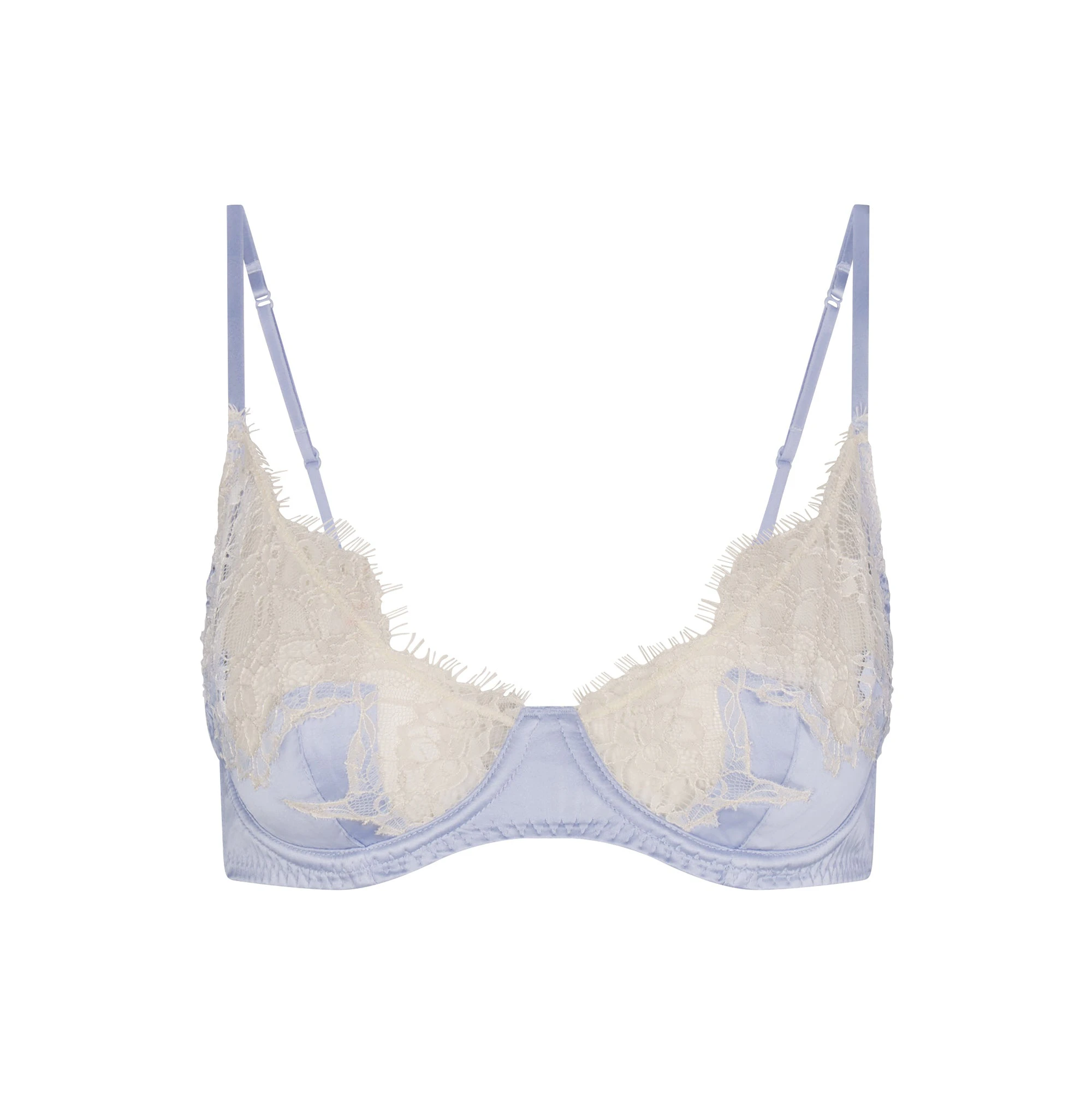 SILK LACE UNLINED DEMI BRA | PERIWINKLE CONTRAST FLAT ON A WHITE BACKGROUND | FLT