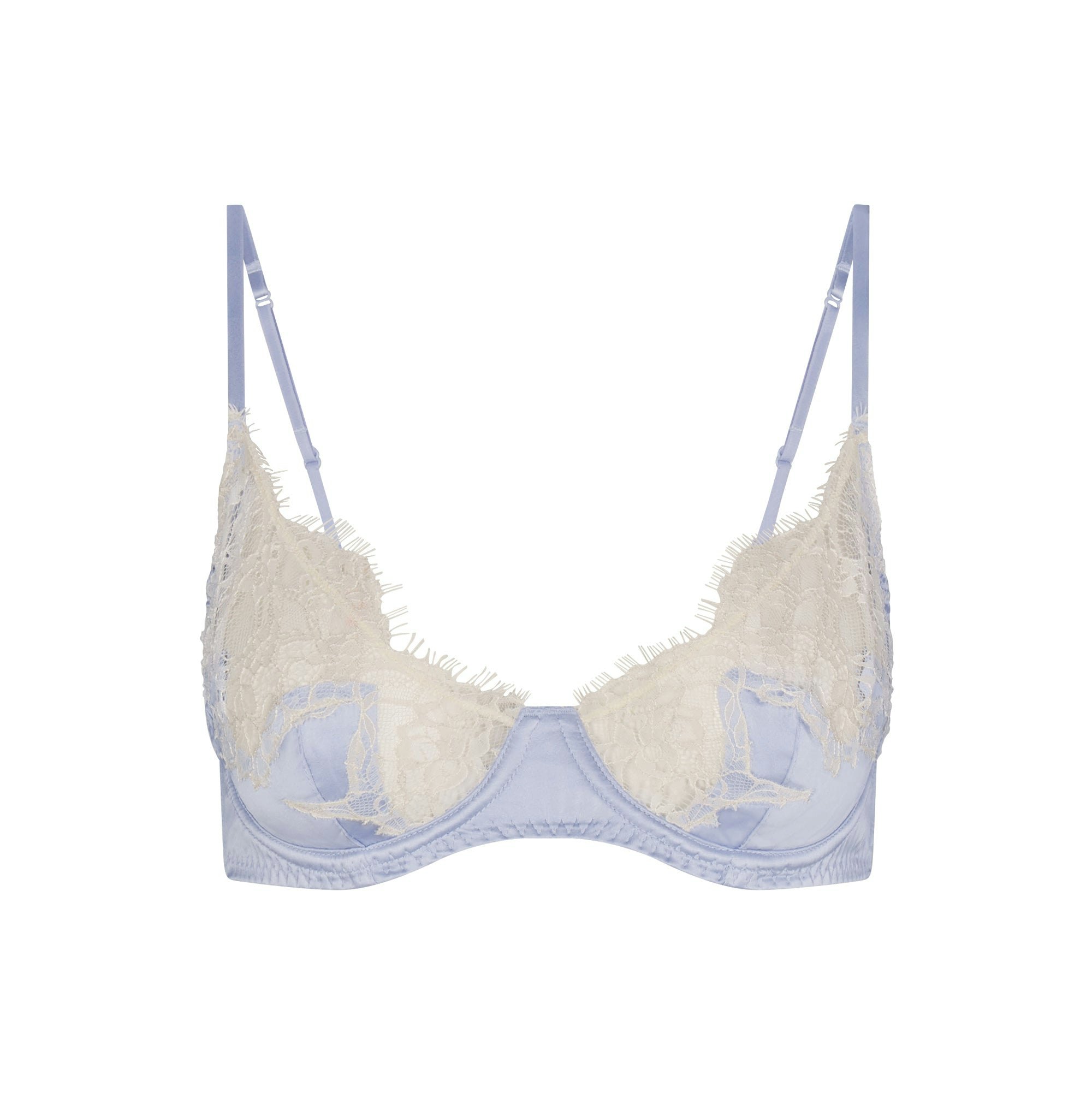 SILK LACE UNLINED DEMI BRA | PERIWINKLE CONTRAST FLAT ON A WHITE BACKGROUND | FLT