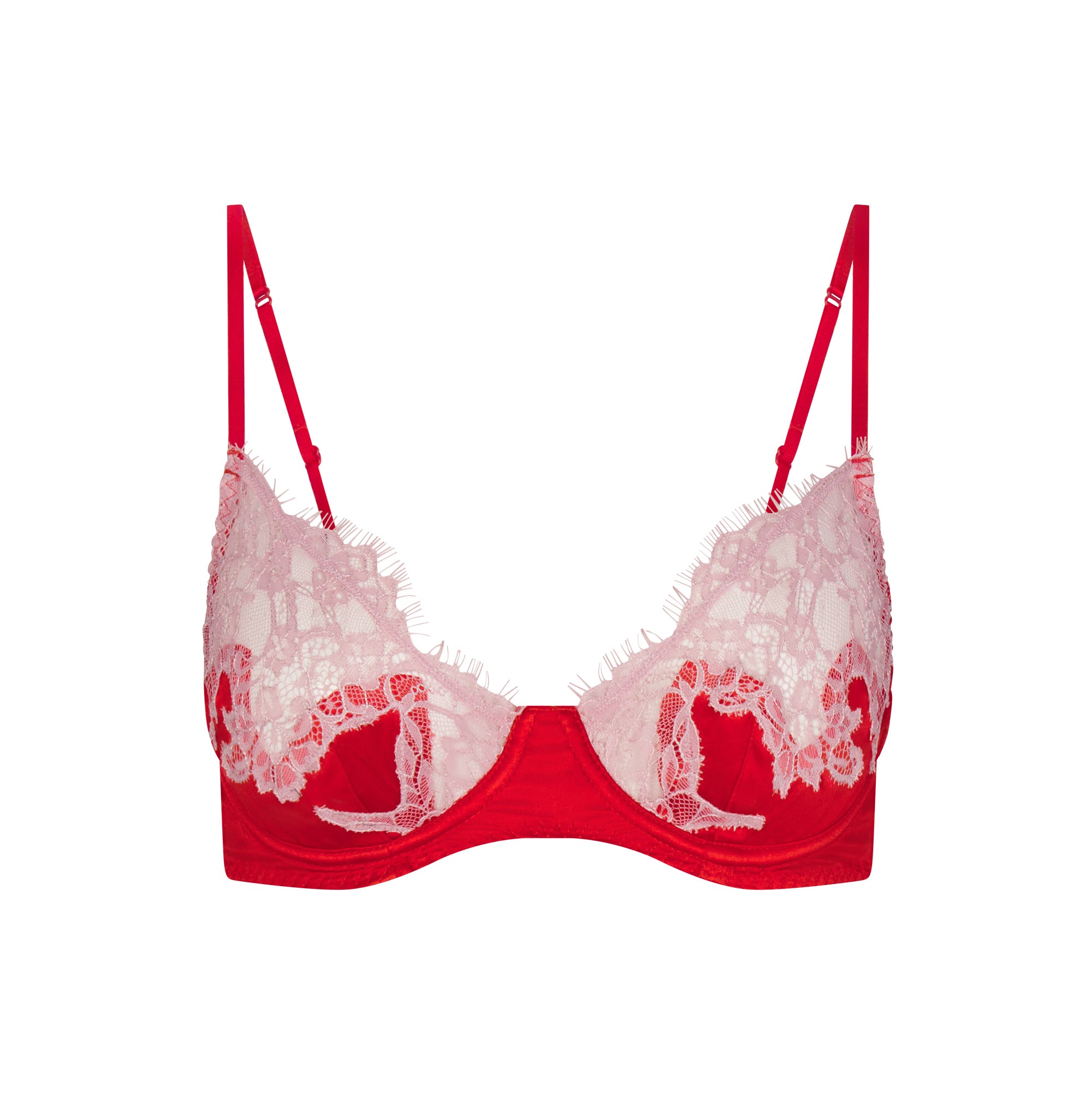 SILK LACE UNLINED DEMI BRA | RUBY CONTRAST FLAT ON A WHITE BACKGROUND | FLT