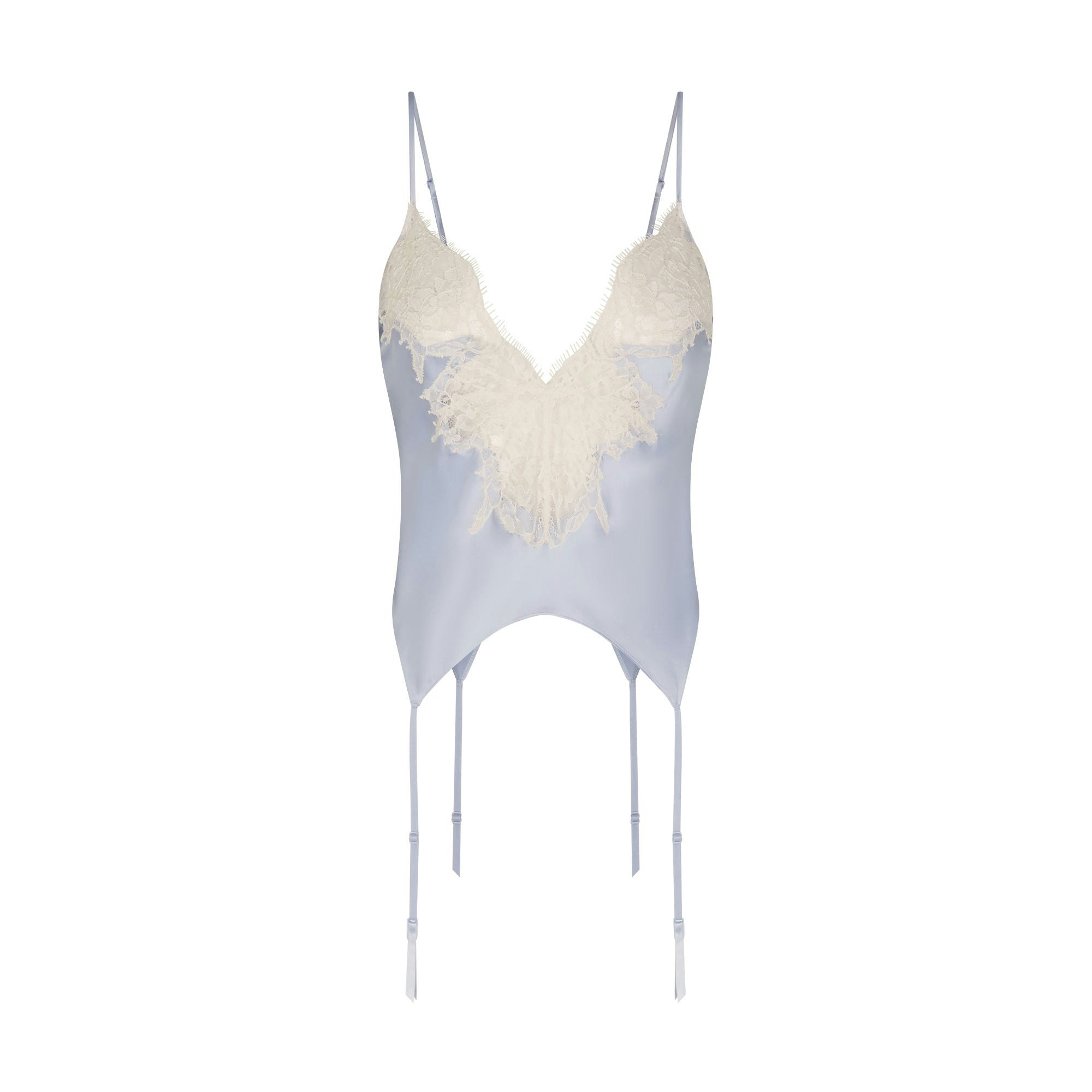 SILK LACE GARTER CAMI AND SHORT SET | PERIWINKLE CONTRAST FLAT ON A WHITE BACKGROUND | FLT