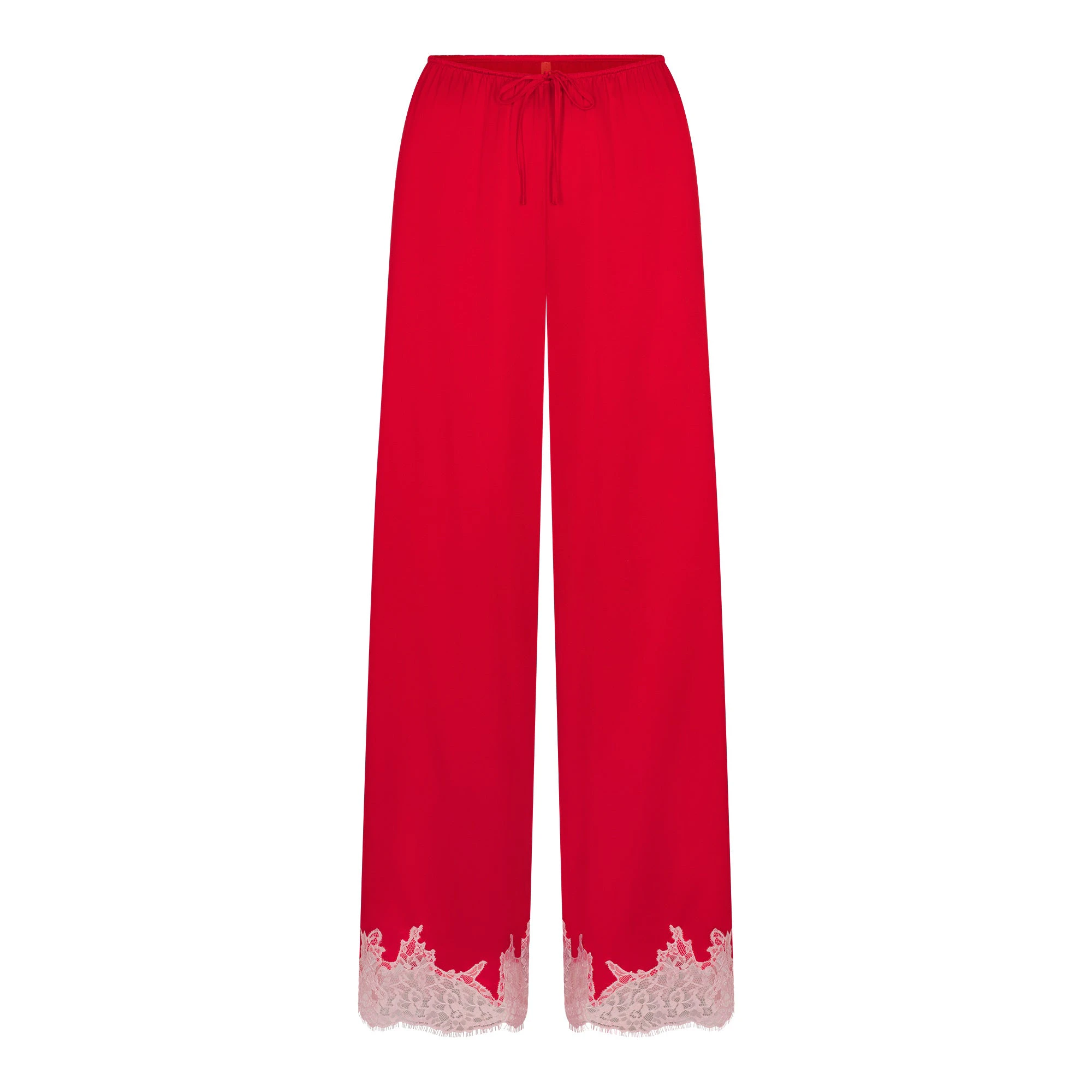 SILK LACE STRAIGHT LEG PANT | RUBY CONTRAST FLAT ON A WHITE BACKGROUND | FLT