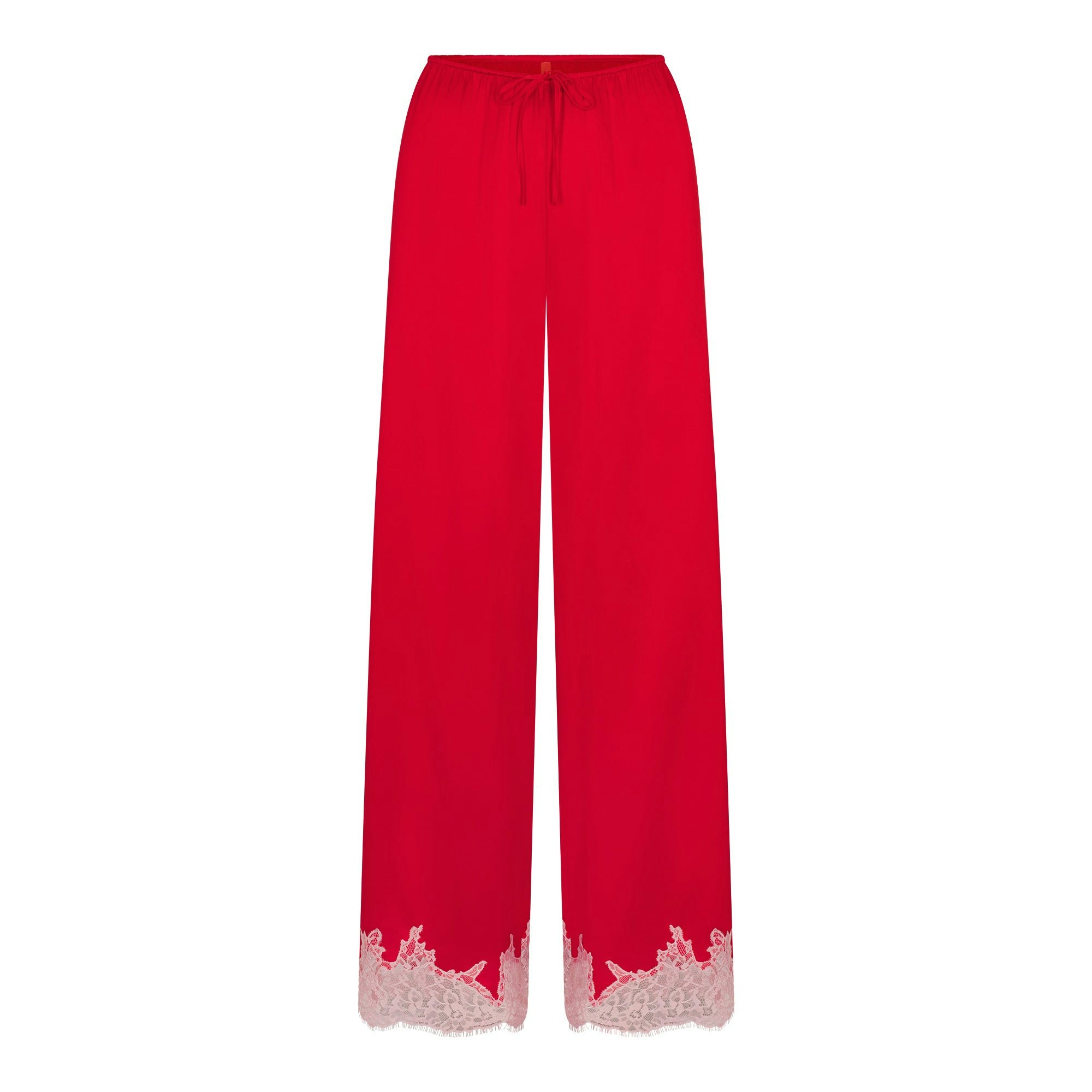 SILK LACE STRAIGHT LEG PANT | RUBY CONTRAST FLAT ON A WHITE BACKGROUND | FLT