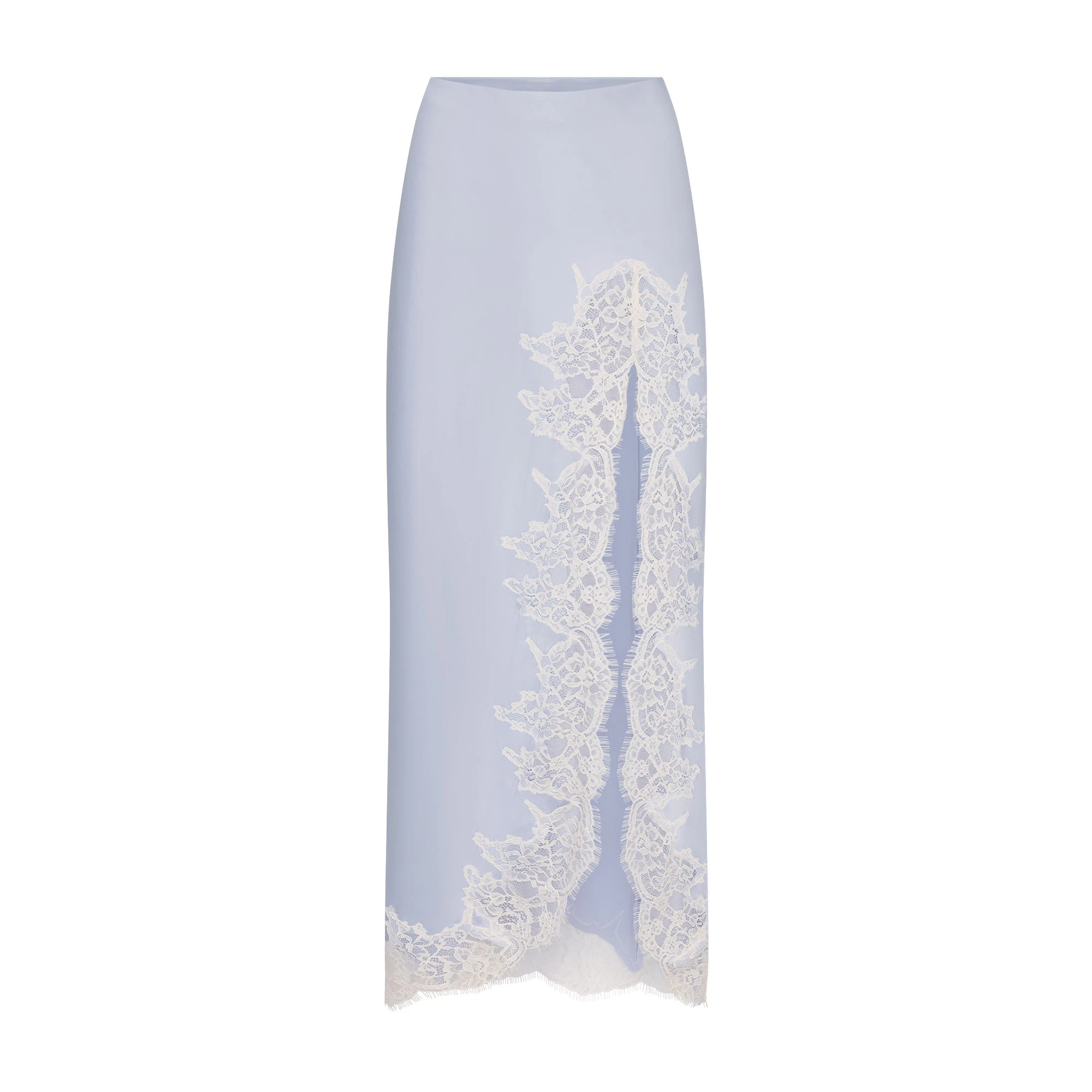 SILK LACE SLIP MIDI SKIRT | PERIWINKLE CONTRAST FLAT ON A WHITE BACKGROUND | FLT