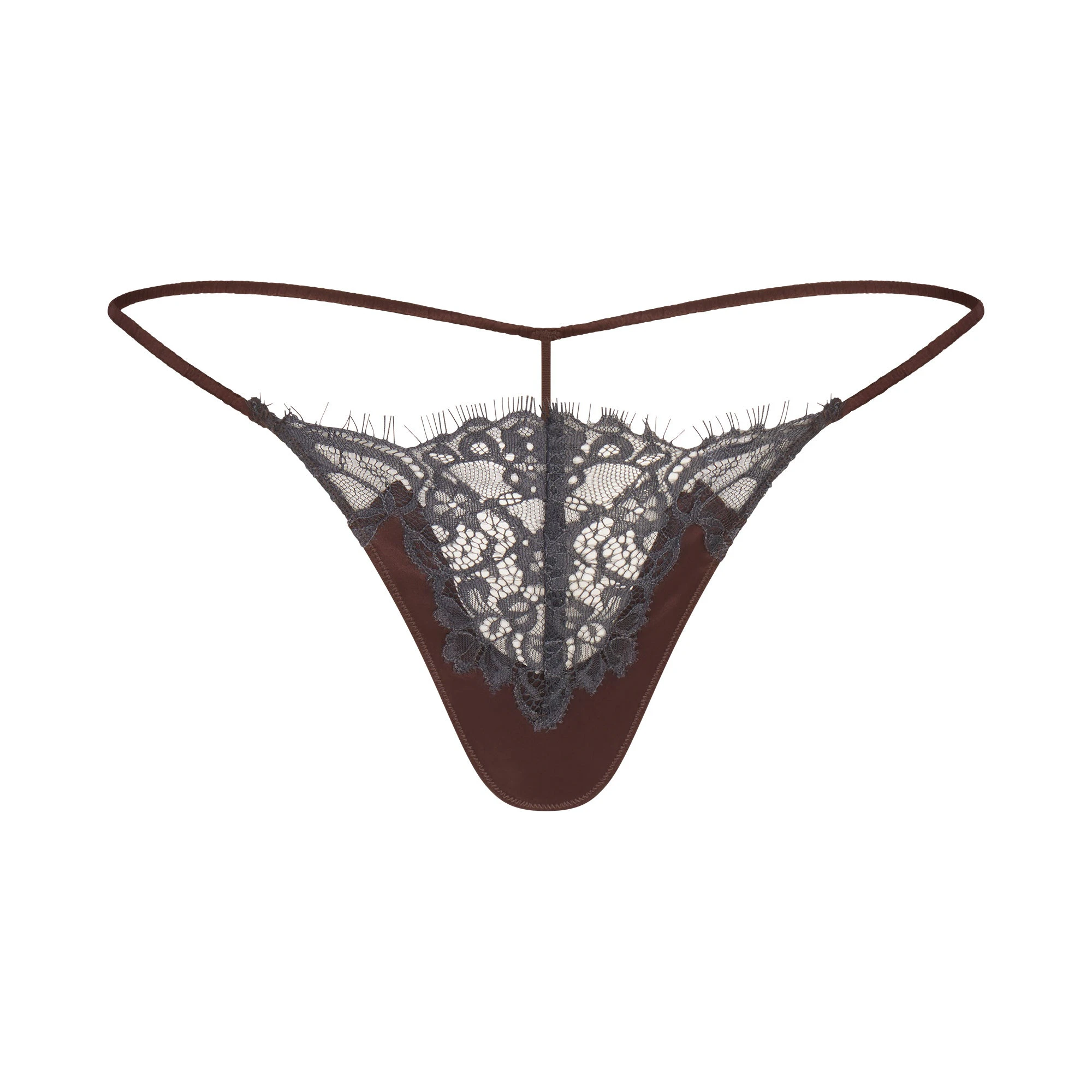 SILK LACE STRING THONG | ESPRESSO CONTRAST FLAT ON A WHITE BACKGROUND | FLT