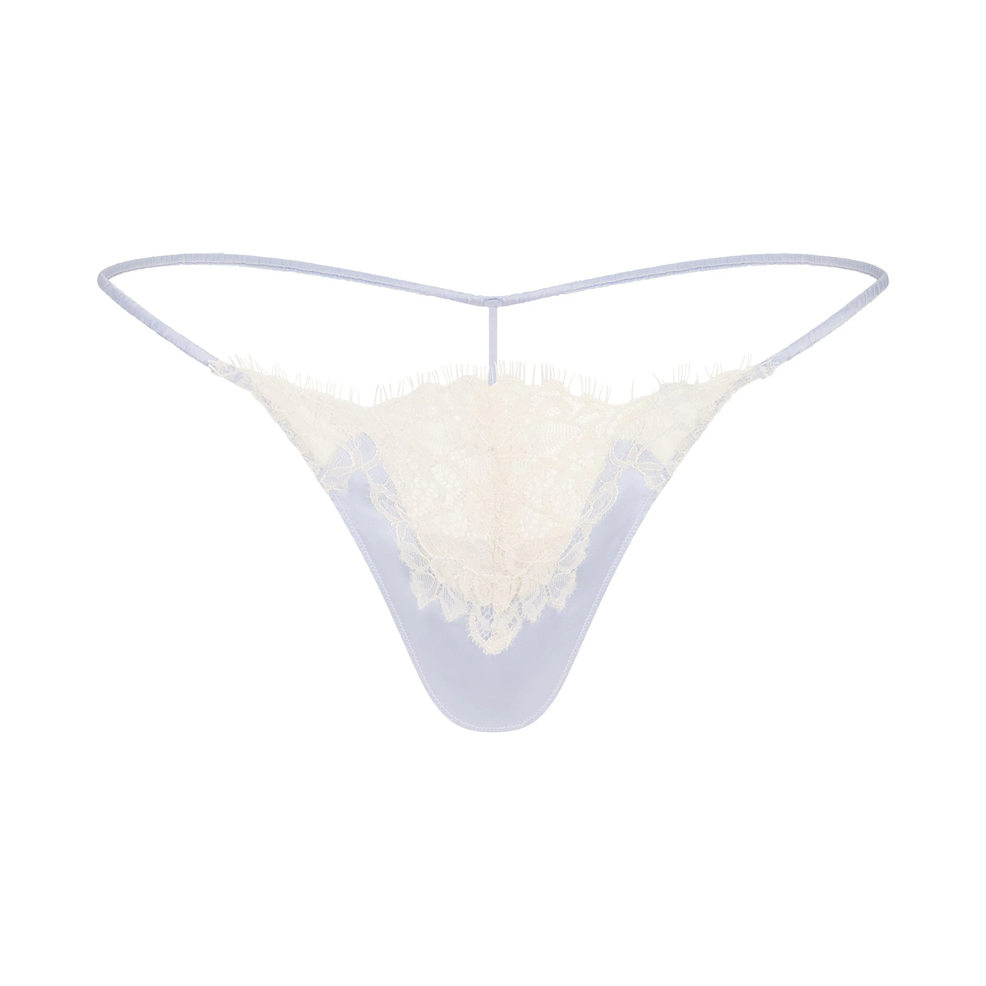 SILK LACE STRING THONG | PERIWINKLE CONTRAST FLAT ON A WHITE BACKGROUND | FLT