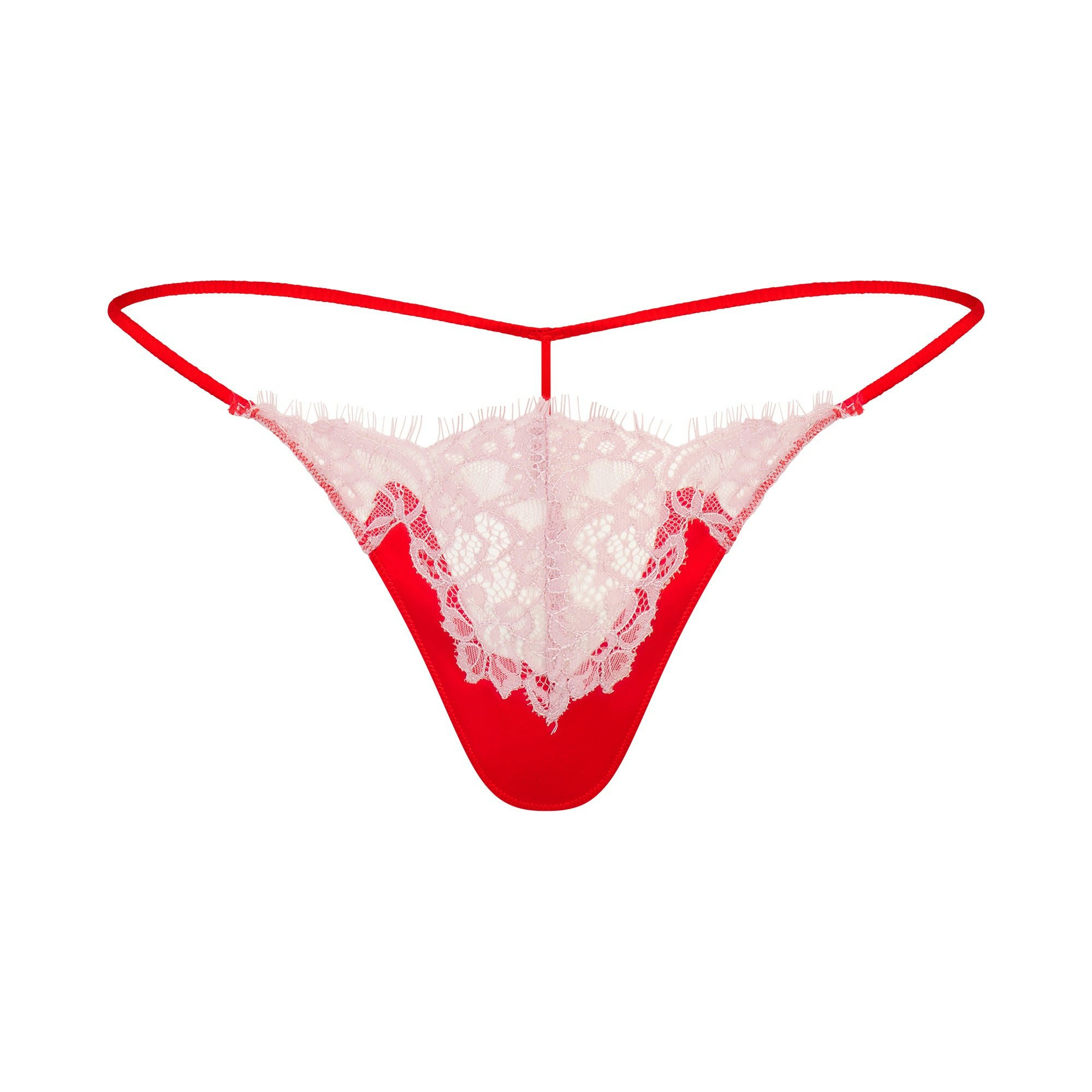 SILK LACE STRING THONG | RUBY CONTRAST FLAT ON A WHITE BACKGROUND | FLT