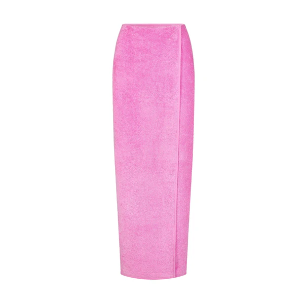 TERRY COVER UPS LONG WRAP SKIRT | NEON ORCHID (COVER UPS, BOTTOMS) LAYS FLAT ON A WHITE BACKGROUND
