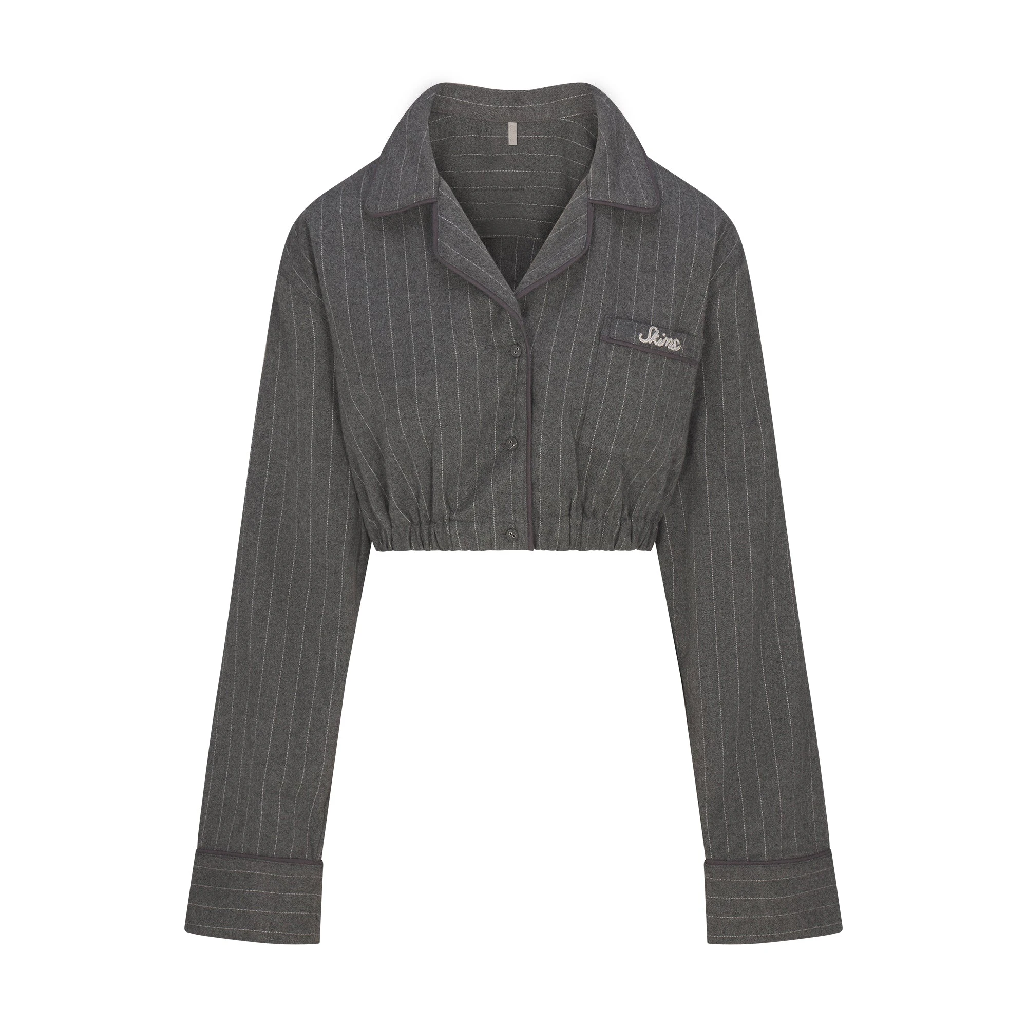 HEAVY FLANNEL CROPPED SLEEP SET | HEATHER GREY STRIPE FLAT ON A WHITE BACKGROUND | FLT