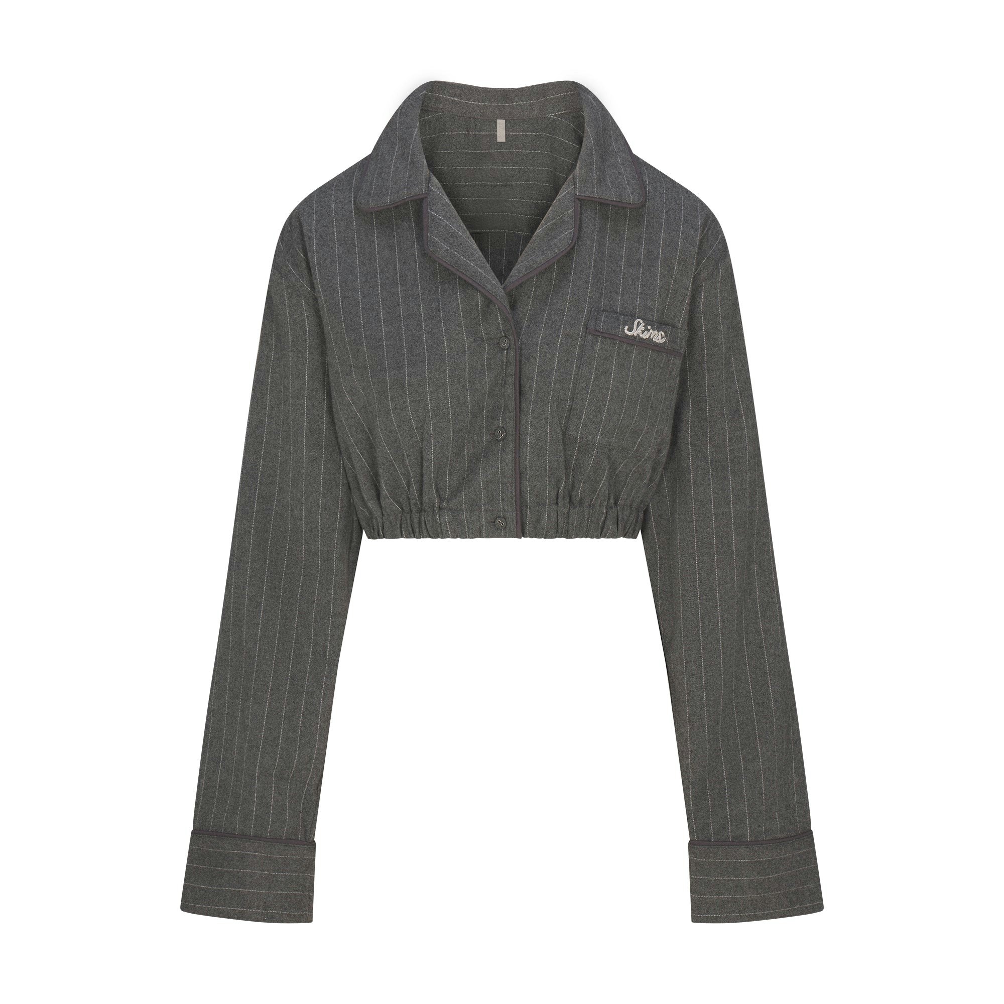 HEAVY FLANNEL CROPPED SLEEP SET | HEATHER GREY STRIPE FLAT ON A WHITE BACKGROUND | FLT