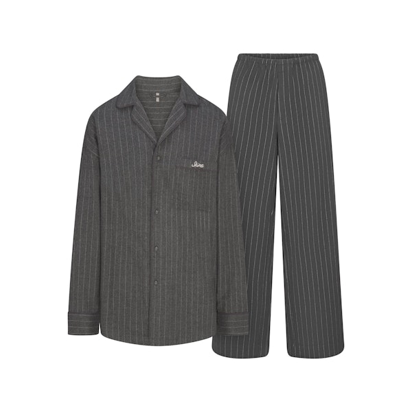 HEAVY FLANNEL SLEEP SET | HEATHER GREY STRIPE FLAT ON A WHITE BACKGROUND | FLT