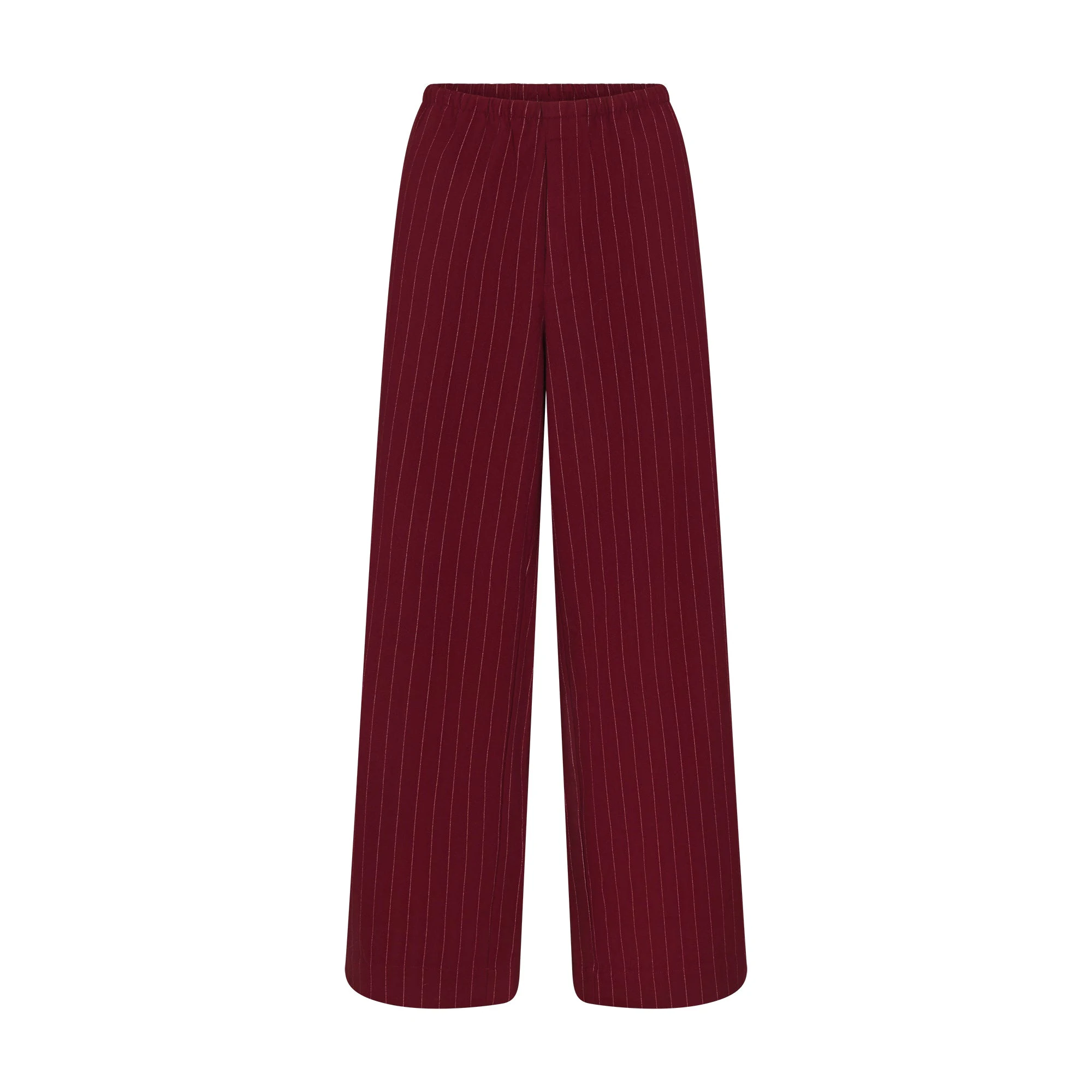 HEAVY FLANNEL SLEEP SET | MERLOT STRIPE FLAT ON A WHITE BACKGROUND | FLT