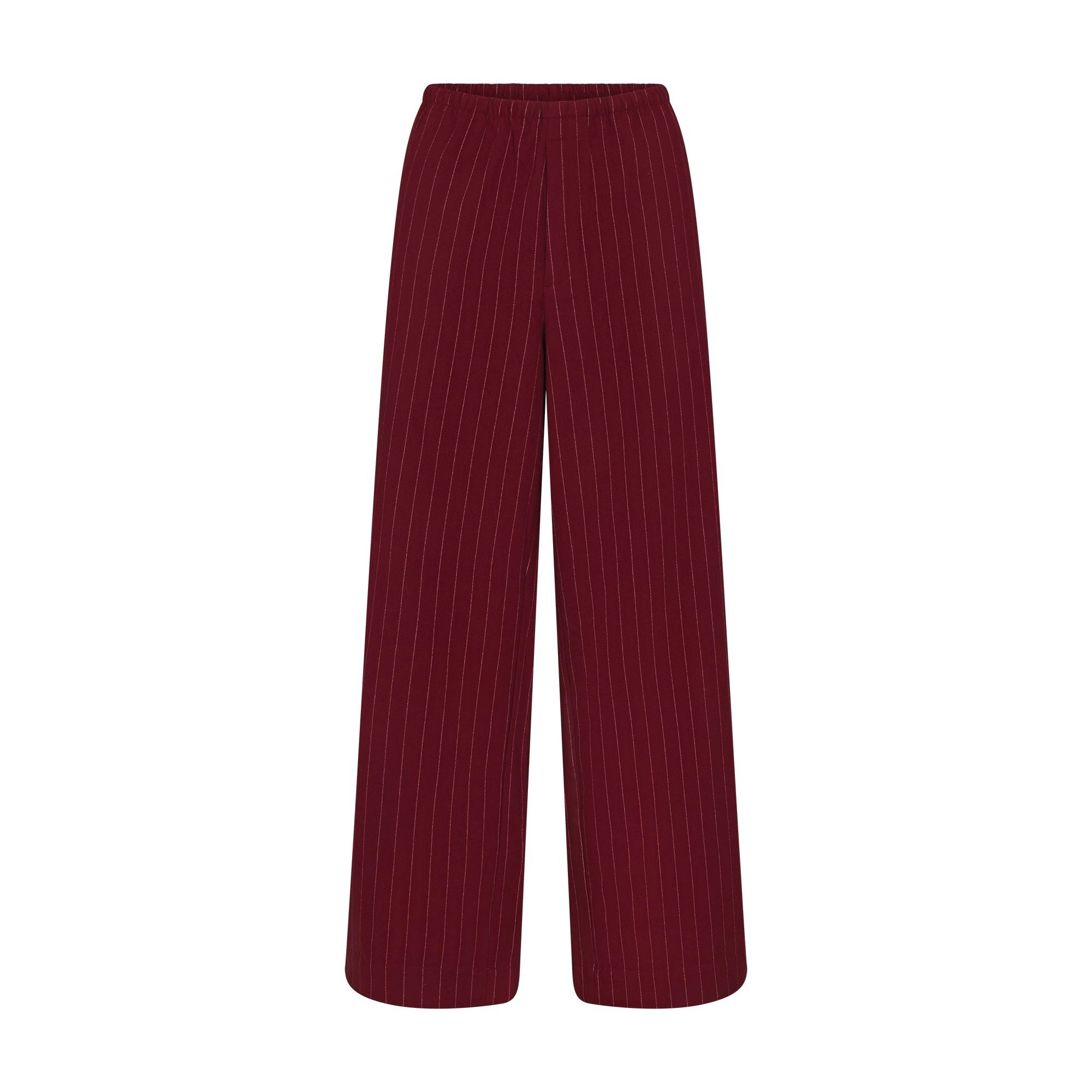 HEAVY FLANNEL SLEEP SET | MERLOT STRIPE FLAT ON A WHITE BACKGROUND | FLT