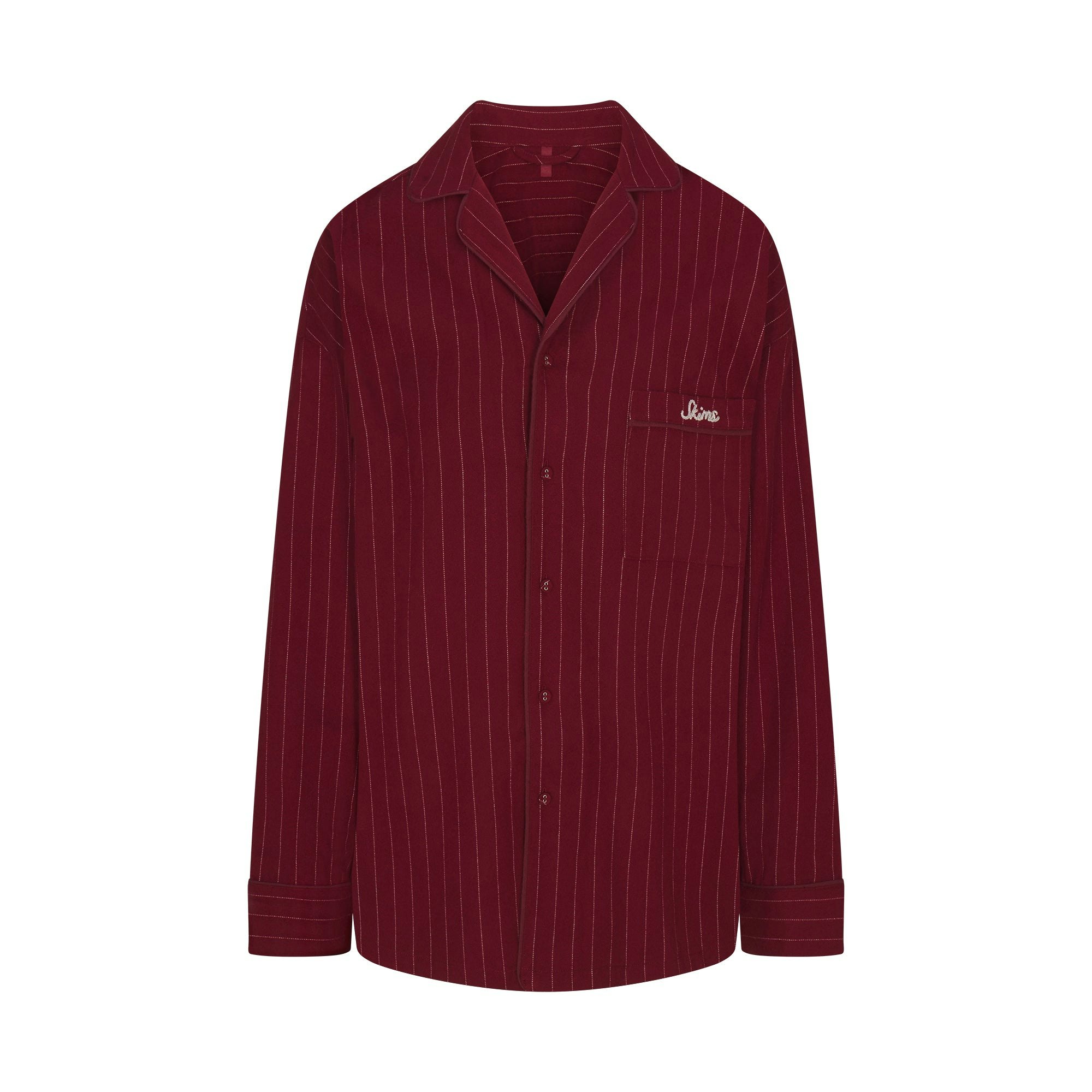 HEAVY FLANNEL SLEEP SET | MERLOT STRIPE FLAT ON A WHITE BACKGROUND | FLT