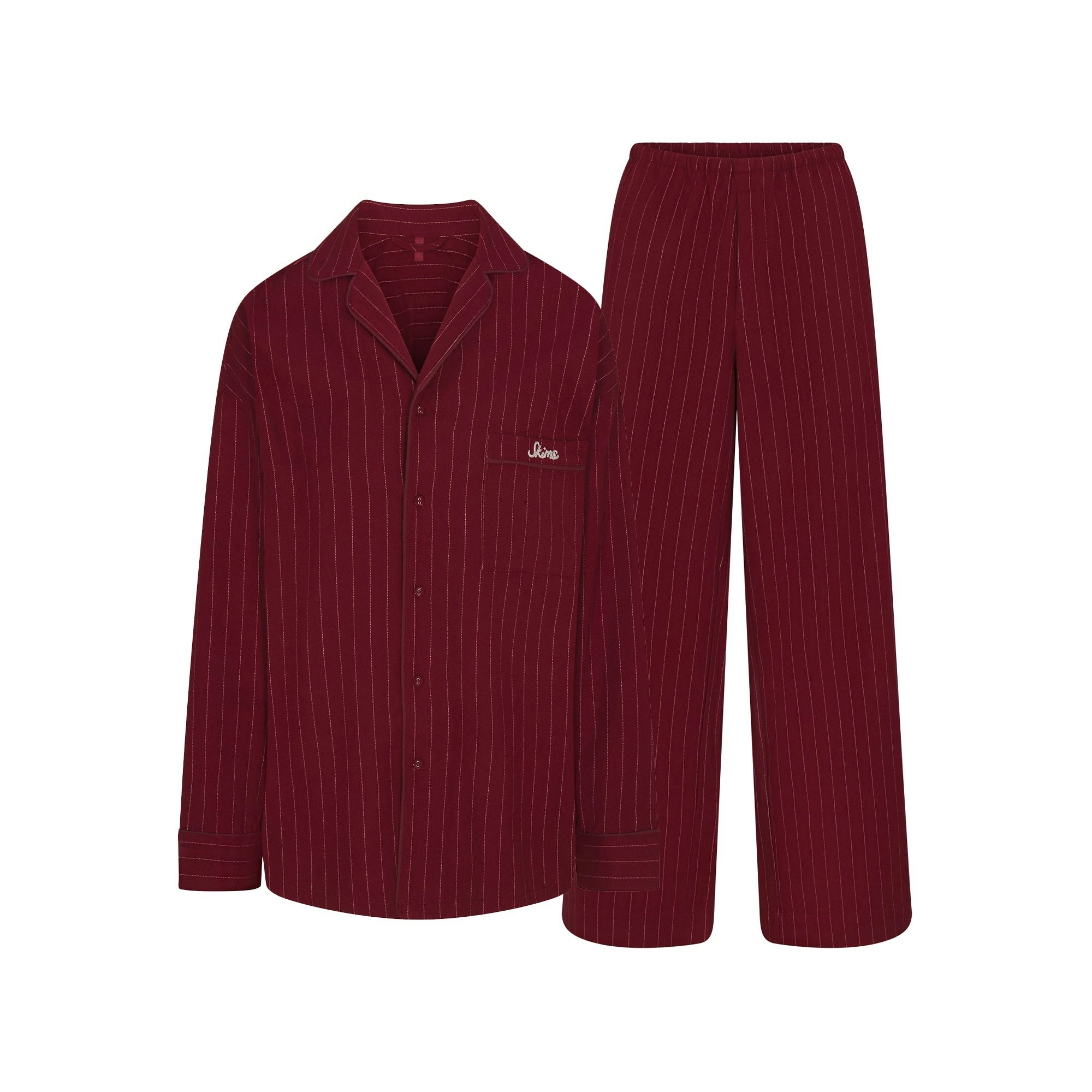 HEAVY FLANNEL SLEEP SET | MERLOT STRIPE FLAT ON A WHITE BACKGROUND