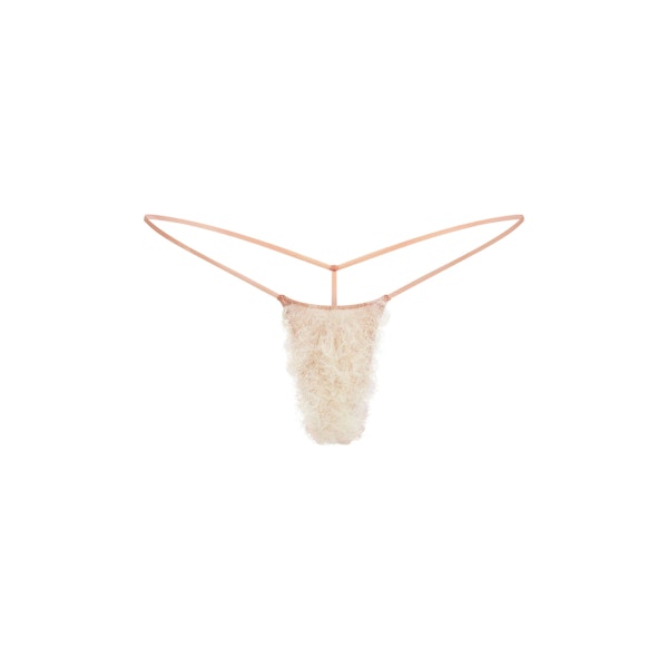 FAUX HAIR MICRO STRING THONG | SIENNA BLONDE CURLY FLAT ON A WHITE BACKGROUND | FOCUS: 0.0, 1.0, 0.9