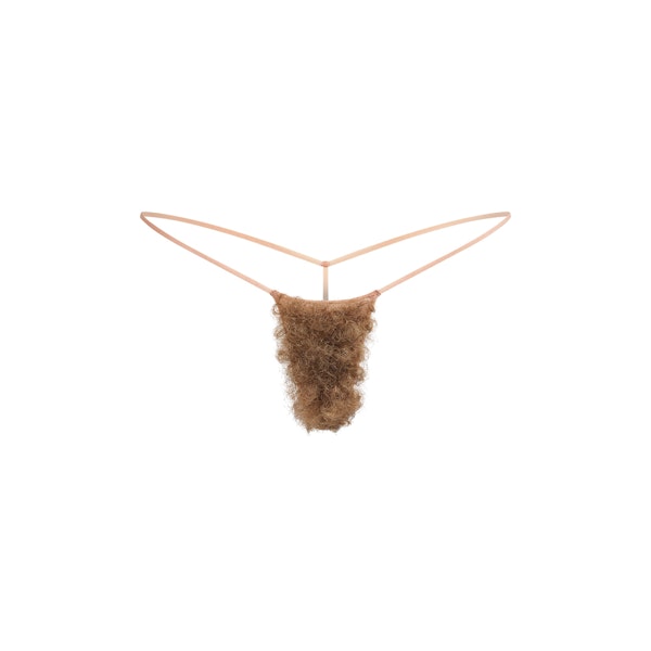 FAUX HAIR MICRO STRING THONG | SIENNA BROWN CURLY FLAT ON A WHITE BACKGROUND | FOCUS: 0.0, 1.0, 0.9